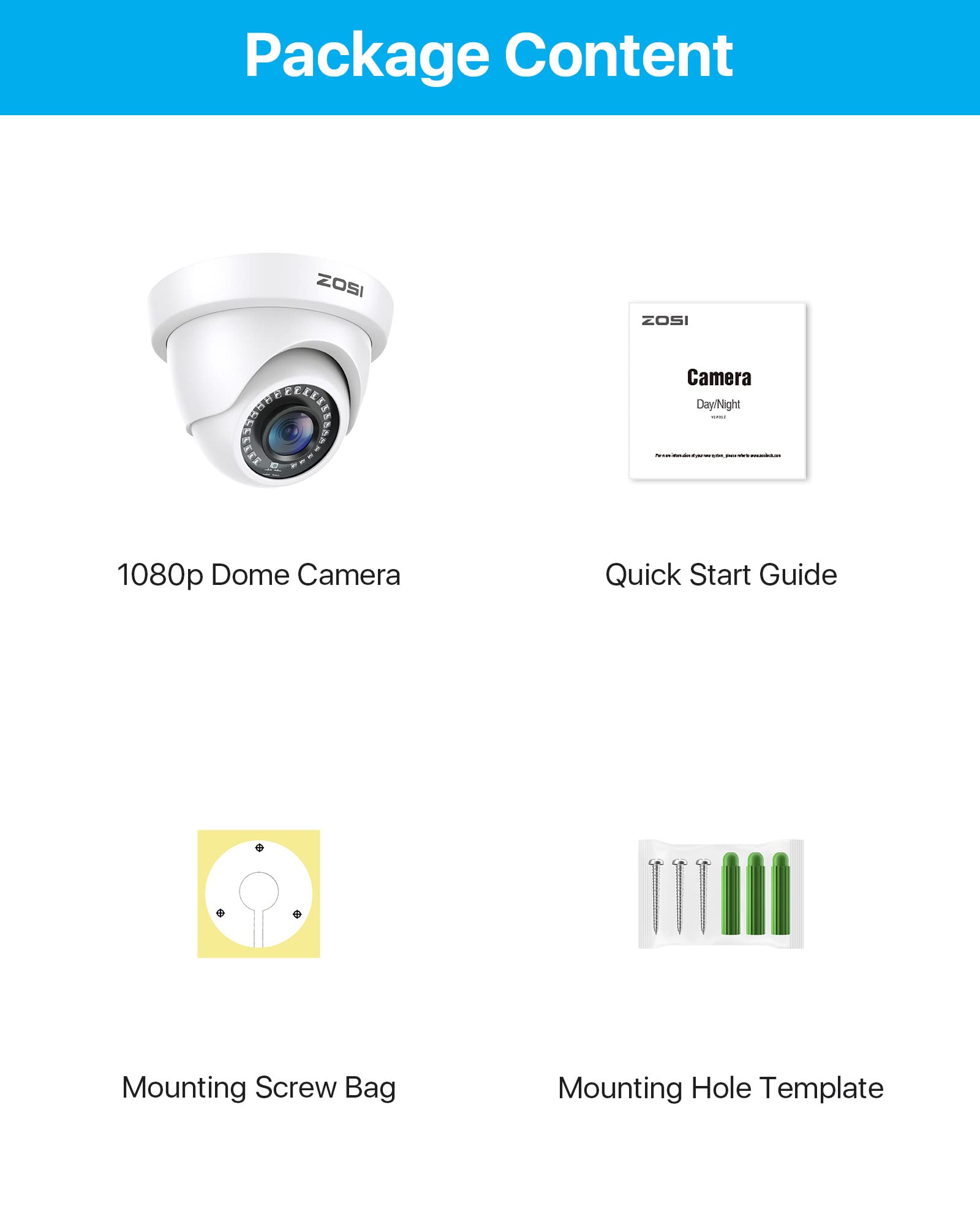 ZOSI 1080p Dome Security Camera - 2MP HD-CVI/TVI/AHD/960H Hybrid CCTV Camera with Night Vision (80ft), Weatherproof for Outdoor/Indoor Use - Ideal for Home, Office & Business Surveillance