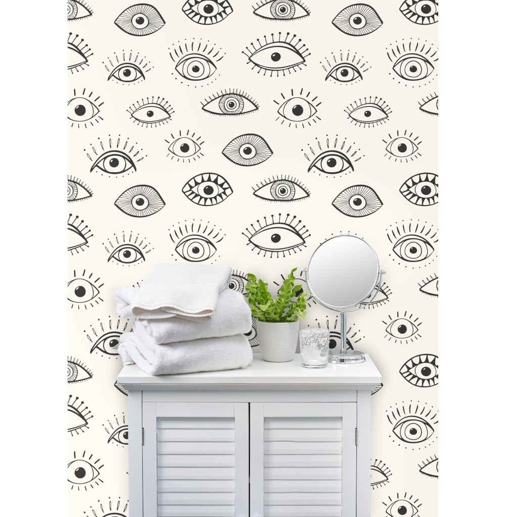 Premium Commercial Grade Wallpaper Roll - 27ft x 2ft Modern Hand-Drawn Evil Eye Design in Black, Cream & White | Traditional Boho Decor for Living Room, Bedroom & Office | Spoonflower