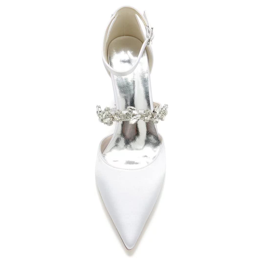 Elegant Satin Rhinestone Block Heel Wedding Shoes - Pointed Toe Bride Pumps for Prom, Evening Party & Special Occasions | Perfect for Bridal Showers, Receptions and Formal Events