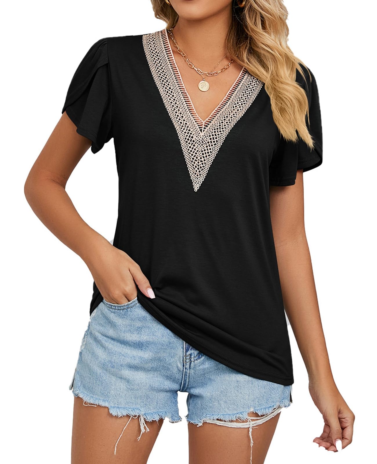 Women's Lace V-Neck T-Shirt with Ruffle Short Sleeve - Summer Tunic Top Blouse (Sizes S-2XL) | Casual Wear, Beach Outfit, Office & Party Fashion