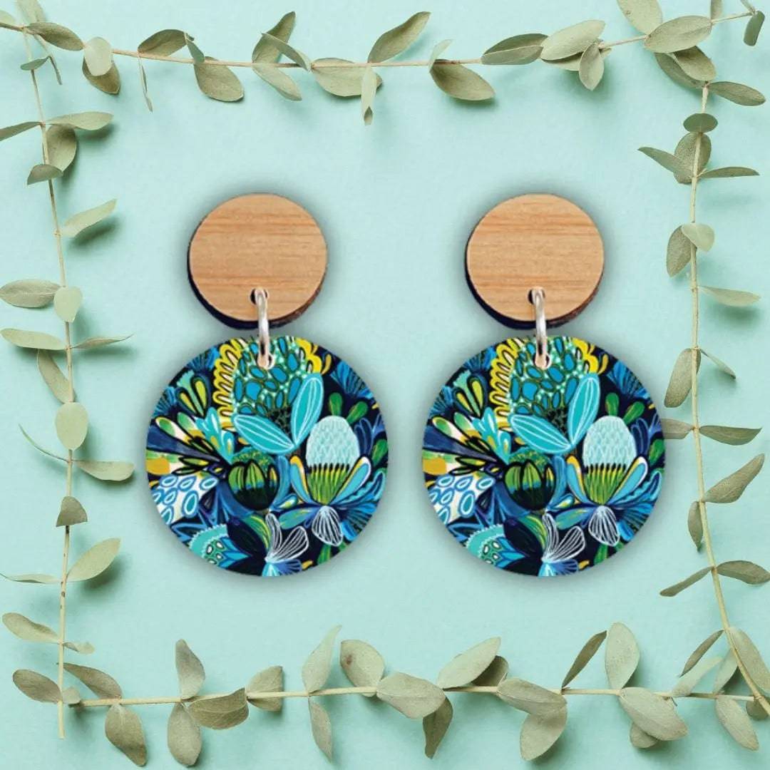 Handmade Azure Native Flowers Wooden Earrings for Women - Boho Chic Dangle Earrings for Casual Wear & Festivals