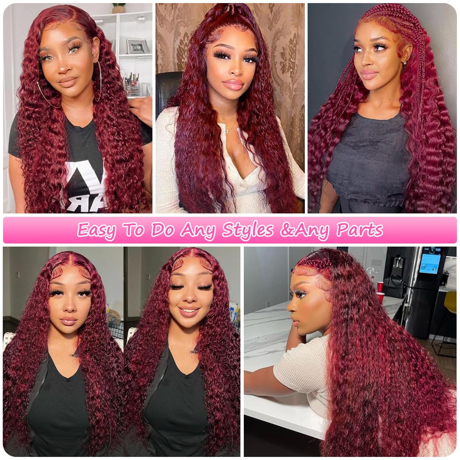 Burgundy 13x6 Deep Wave Lace Front Wig Human Hair 180% Density - 30 Inch Red Colored Curly Lace Frontal Wig for Black Women | 99J Brazilian Virgin Hair | Perfect for Parties, Weddings & Daily Wear