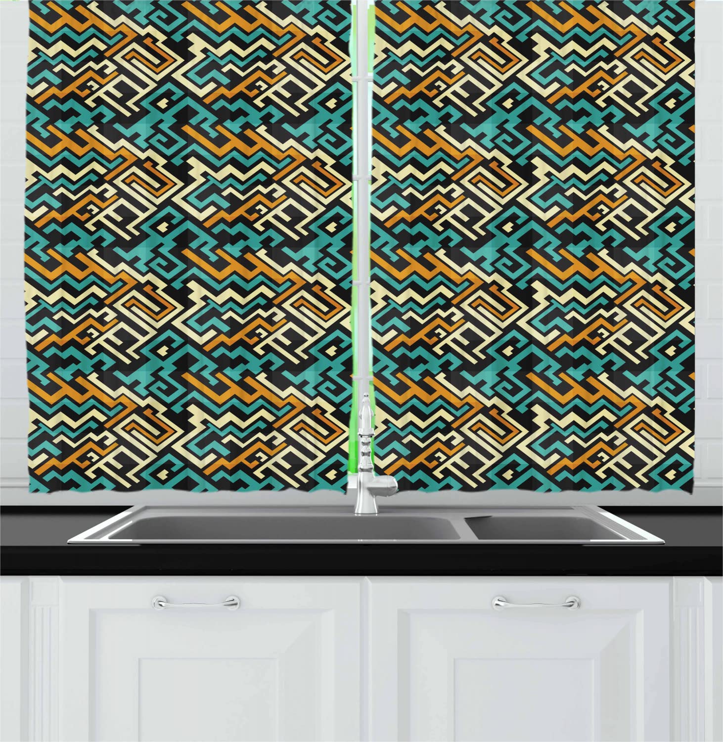 Ambesonne Modern Geometric Kitchen Curtains - Abstract Line Art Design with Rod Pocket, 55