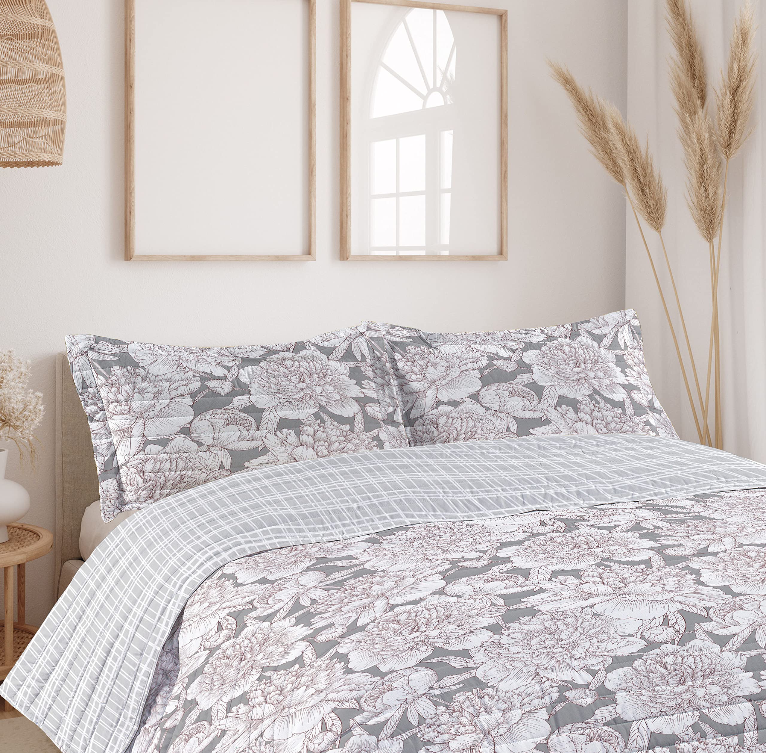 Ambesonne Floral Reversible Queen Size Bedspread Set - Hand Drawn Rose, Chamomile & Peonies Design, Microfiber Comforter with Pillow Shams, Taupe Grey | Earthy Botanical Bedroom Decor for Master Bedroom, Guest Room & Cozy Farmhouse Style