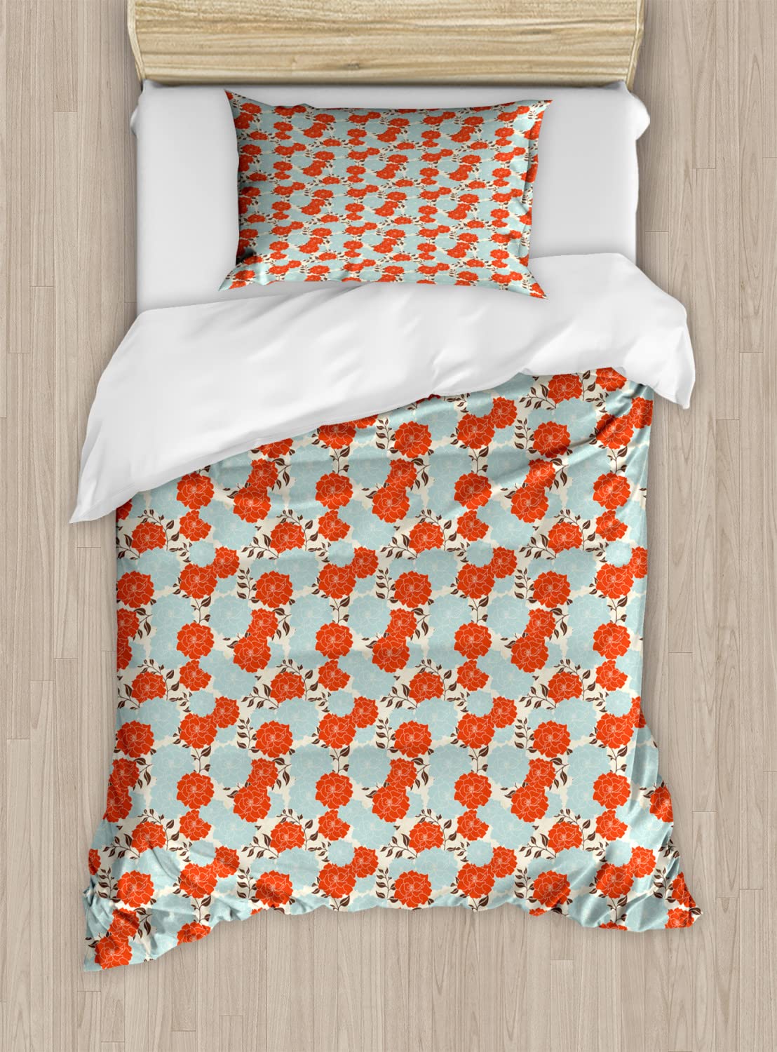 Ambesonne Renaissance Duvet Cover Set - Vintage Floral Baroque Design, 2-Piece Twin Size Bedding with 2 Duvet Covers & 2 Pillowcases in Pale Blue Vermilion - Perfect for Bohemian & Shabby Chic Bedroom Decor