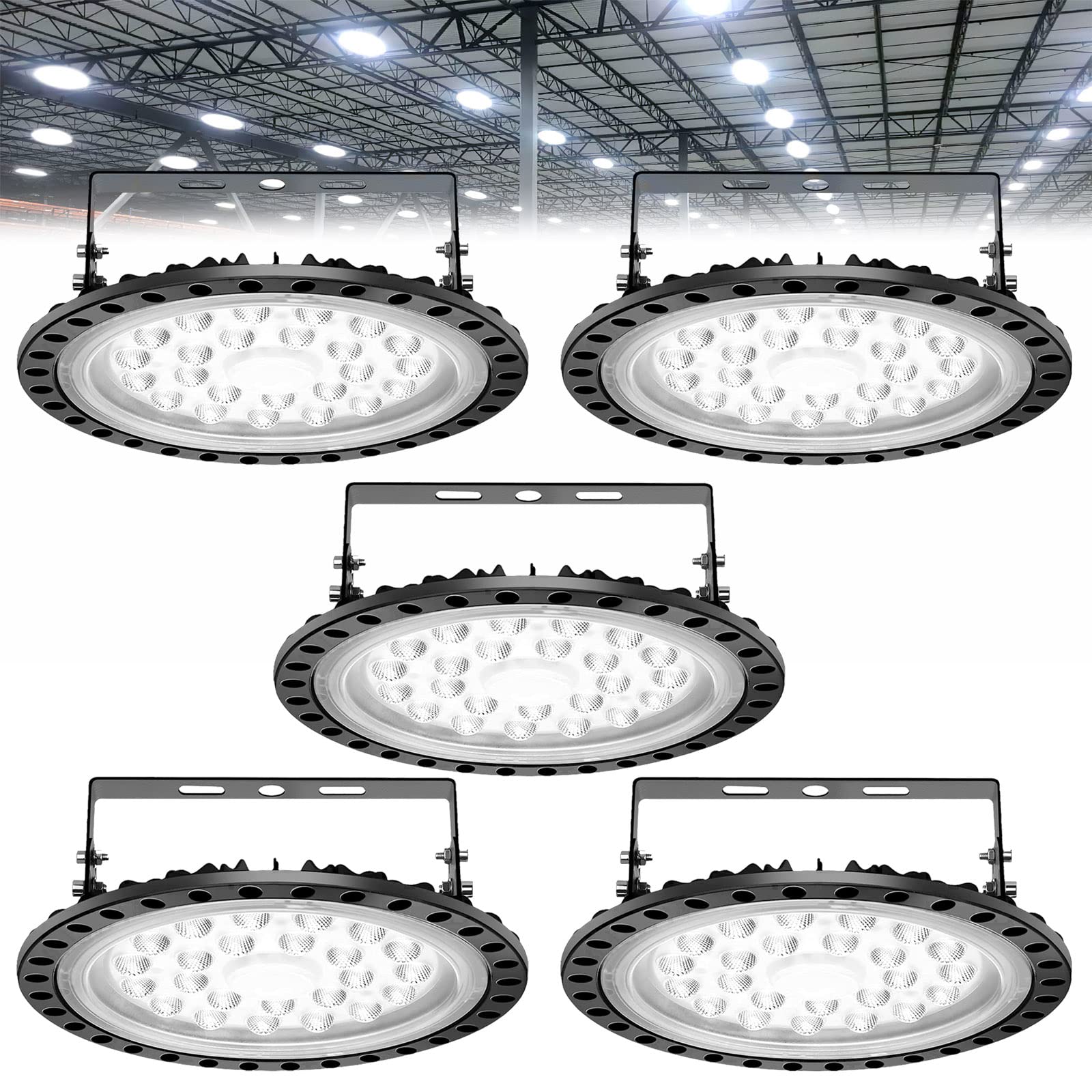 5 Pack Ultra Thin LED High Bay Lights 100W - 6000K Daylight UFO High Bay Lighting Fixture for Warehouse, Workshop, Factory, Garage & Commercial Spaces - Energy Efficient Lowbay Shop Lights (110V) - Perfect for Industrial & Retail Lighting Solutions