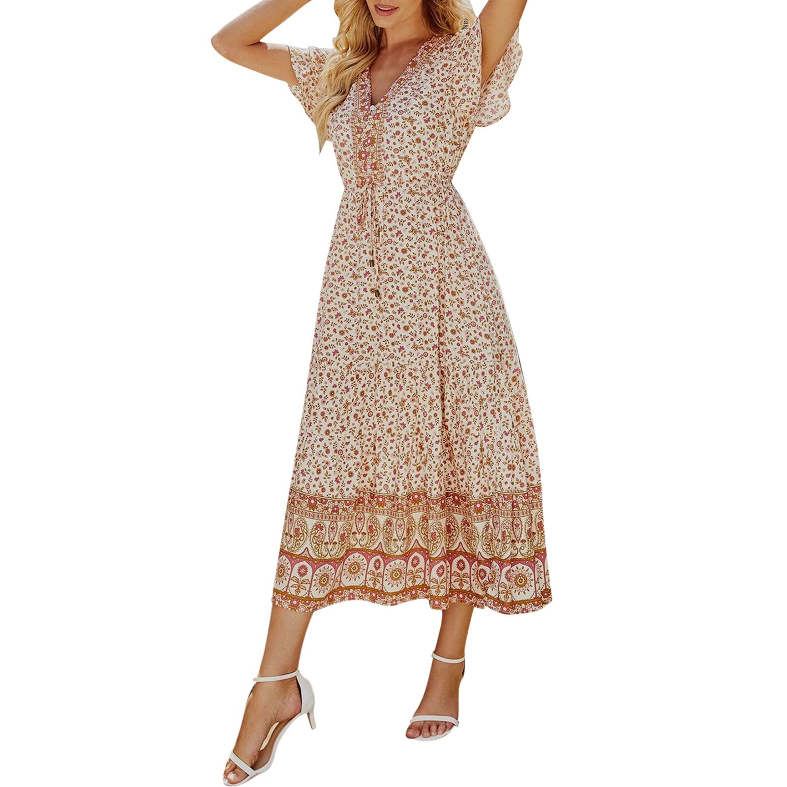 Elegant Women's V-Neck Floral Midi Dress - Casual Waist-Defined Black Summer Dress for Parties, Dates & Office Wear