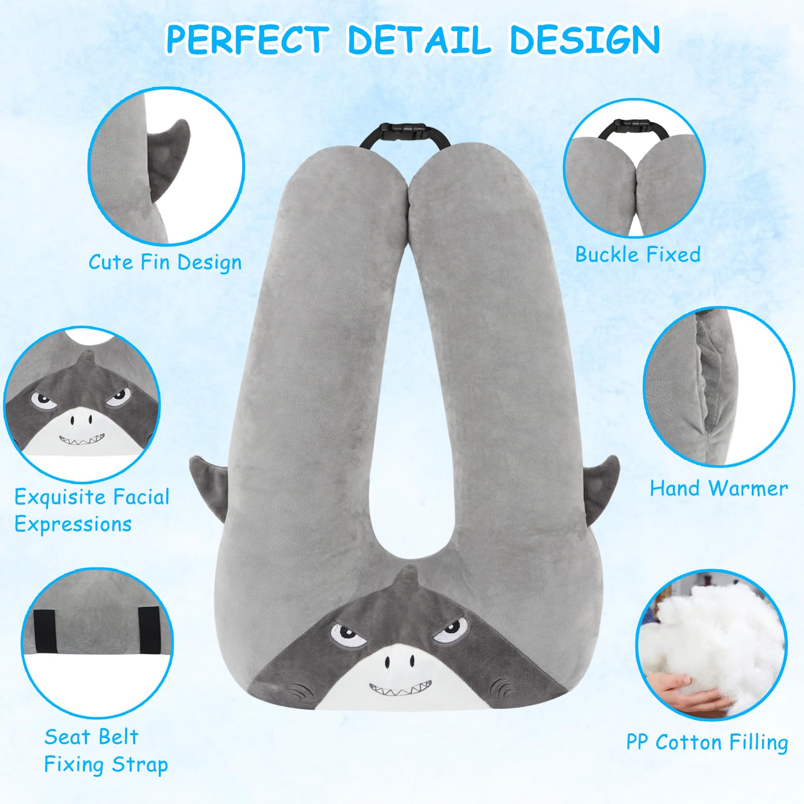 Kids Travel Pillow for Car Seat with Hand Muff - Cartoon Neck & Headrest Seat Belt Pillow for Long-Distance Road Trips - Comfortable Sleeping Pillow for Adults & Children (Shark Design) - Perfect for Airplane, Train, and Car Travel Accessories