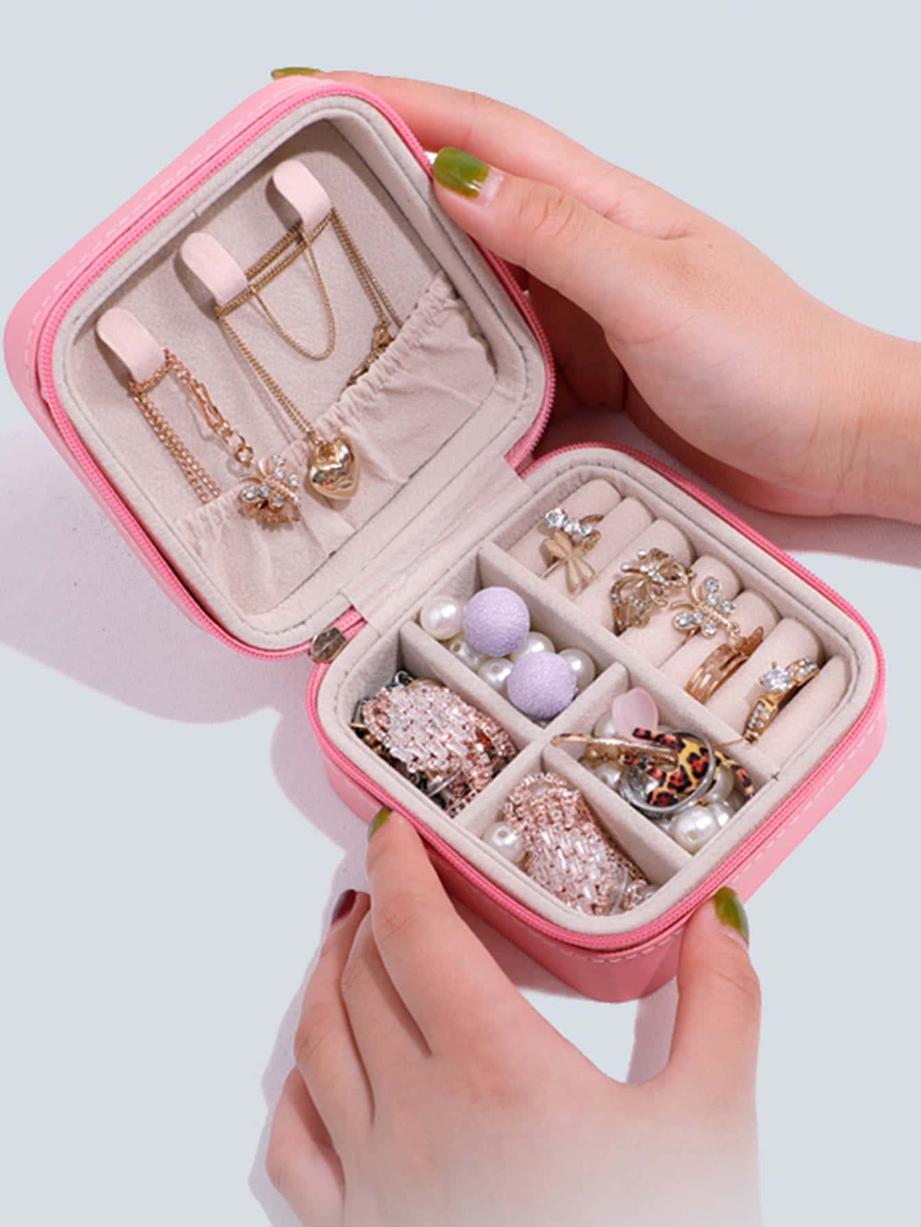 Pink Multi-Grid Jewelry Storage Box - 1pc Organizer for Earrings, Rings & Necklaces | Compact Jewelry Case for Travel, Vanity & Closet Organization
