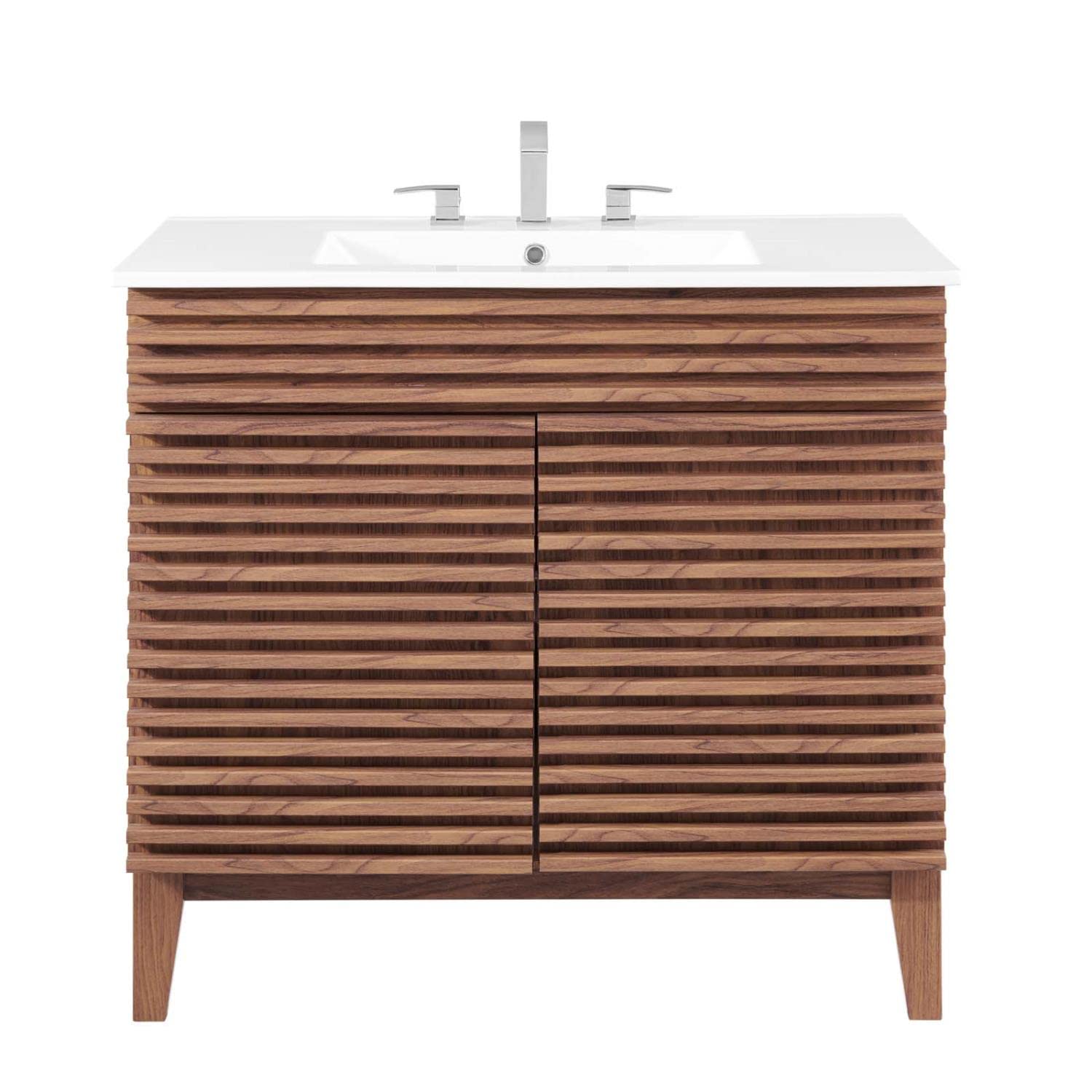 Modway Render 36 Inch Walnut White Bathroom Vanity with Sink - Modern Bathroom Furniture for Small Spaces, Powder Rooms & Master Baths