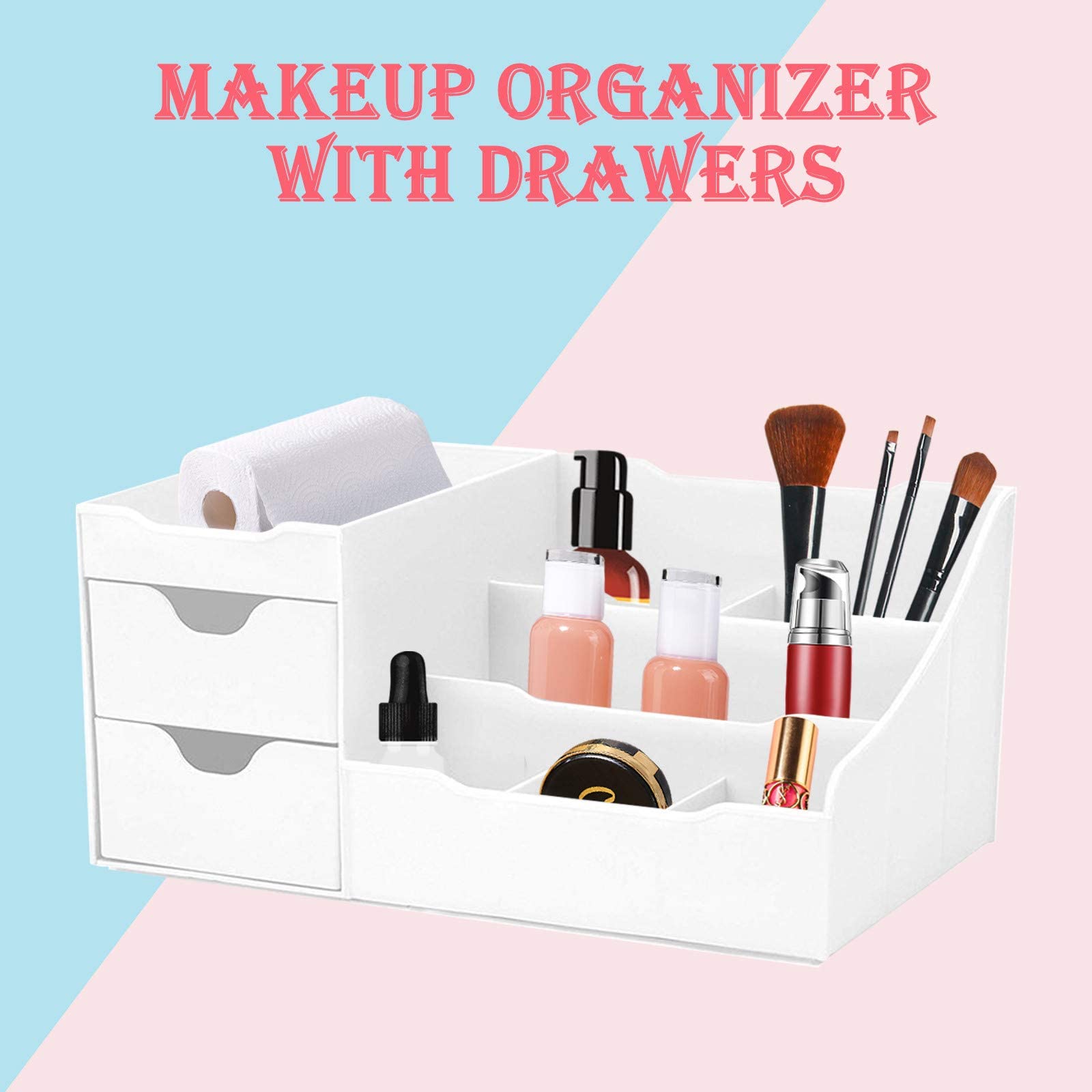 PMUYBHF 5-Tier Makeup Organizer with Drawers - Modern Countertop Cosmetic Storage Box, Vanity Dresser & Nightstand Organizer for Makeup Brushes, Lipsticks, Skincare (White) - Perfect for Bedroom, Bathroom & Dressing Table