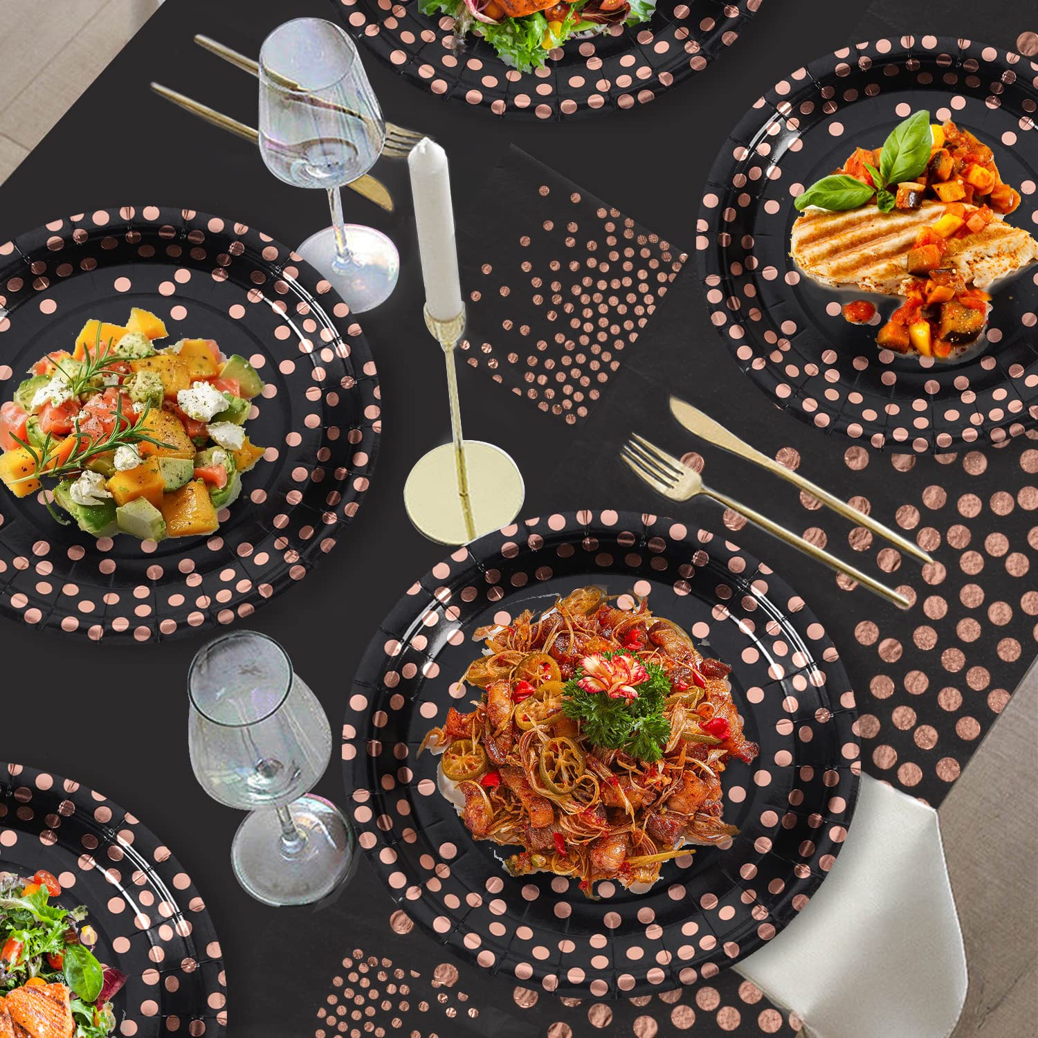 Premium Black & Rose Gold Paper Plates 100 Pack - 50 x 9 Inch Dinner Plates & 50 x 6.5 Inch Napkins - Elegant Disposable Party Tableware for Birthday, Wedding, Baby Shower & Special Events