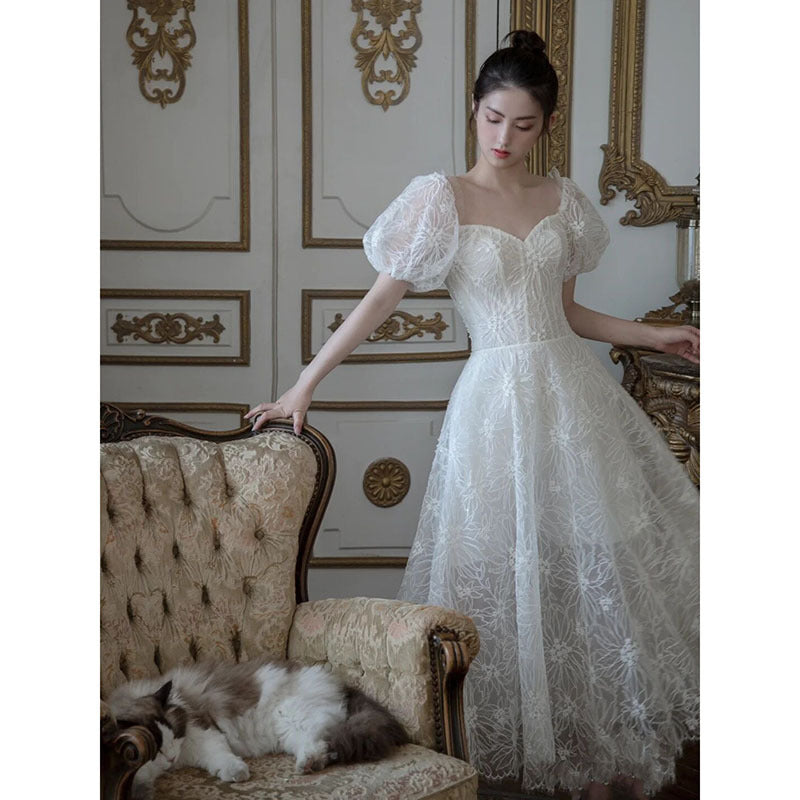 Elegant A-Line White Tulle Prom Dress with Short Sleeves - Perfect for Wedding, Homecoming & Special Occasions