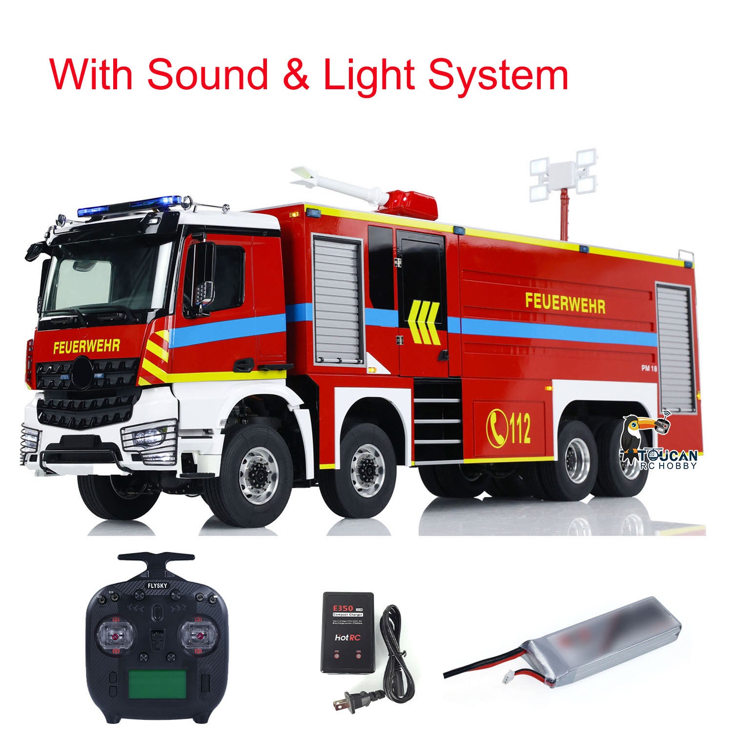 1/14 Scale 8x8 RC Fire Truck with Light & Sound - Metal Chassis, Pre-Assembled & Painted - Includes Motor, ESC & Servo - Remote Control Fire Engine for Kids & Adults - Perfect for Collecting, Racing & Emergency Simulation Play