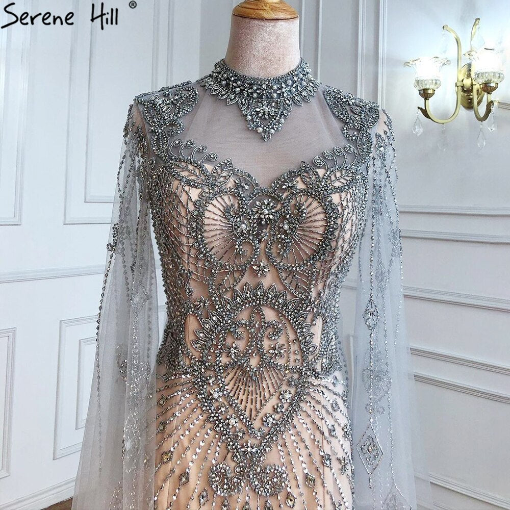 Serene Hill 2025 Luxury Grey Nude Cape Sleeve Beaded Mermaid Evening Gown - Elegant Sexy Women's Formal Dress for Prom, Gala & Special Occasions