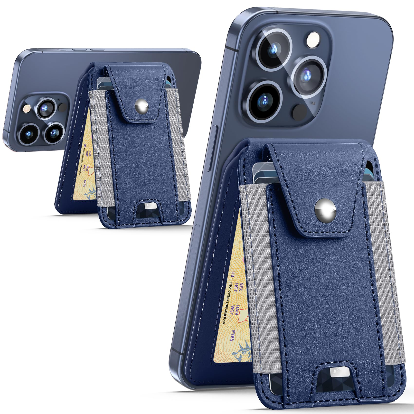 Magnetic Wallet Stand for iPhone 16/15/14/13/12 Series - Vegan Leather Card Holder with Privacy Flap & RFID Blocking - 9 Card Capacity, 3 Slots, Navy Blue - Perfect for Travel, Work & Everyday Use