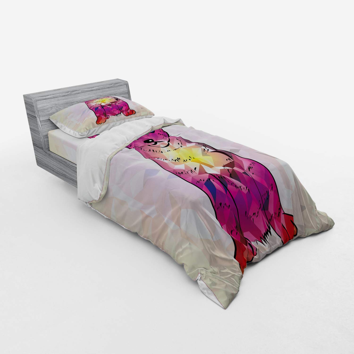 Ambesonne Cat Duvet Cover Set - Geometric Digital Print Robot Cat with Retro Tech Patterns, 3 Piece Bedding Set Includes Sham & Fitted Sheet, Twin XL Size, Pink Fuchsia - Perfect for Kids Rooms, Teen Bedrooms & Cat Lover Home Decor