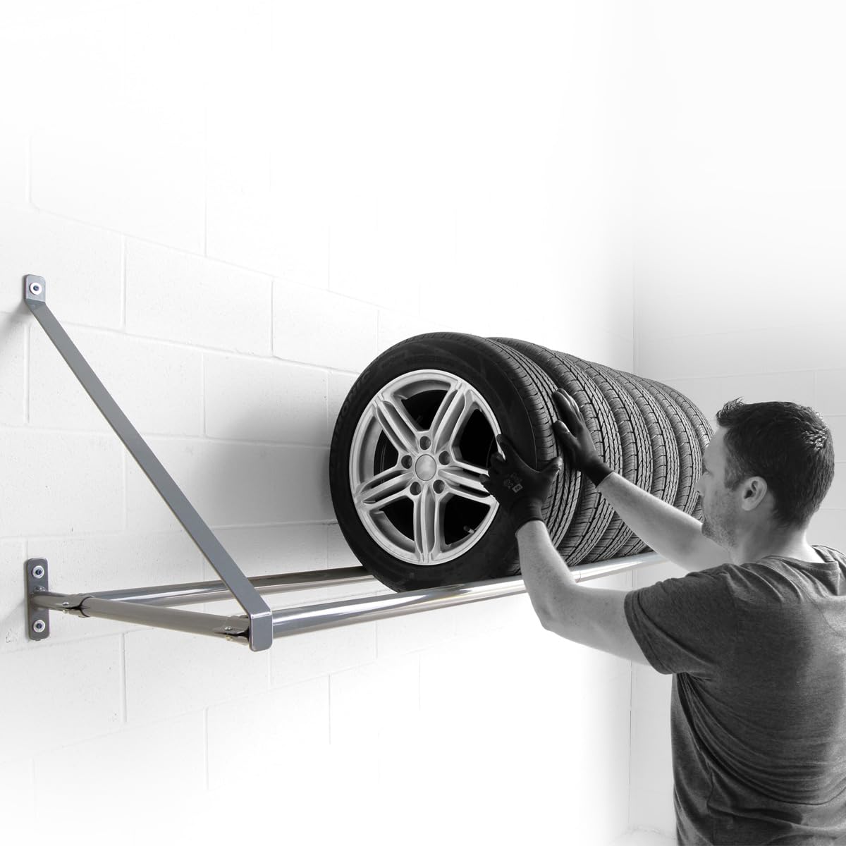 Heavy Duty Wall Mounted Tire Storage Rack - Adjustable Rear Cross Bar for Spare & Winter Tires (83