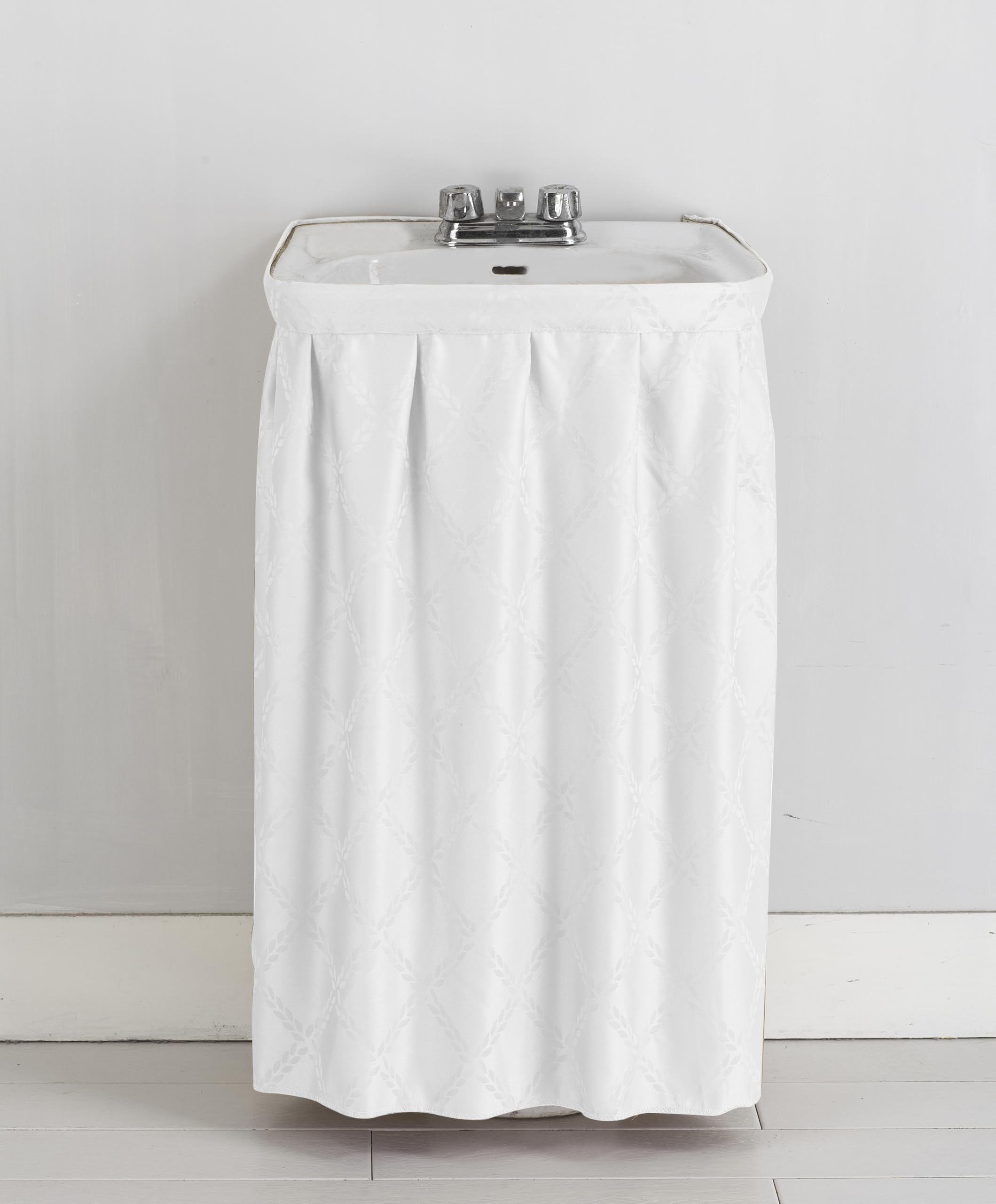 Self-Adhesive Waterproof Fabric Sink Skirt with Intersecting Leaves Pattern - White Vanity Cover for Bathroom & Kitchen Decor