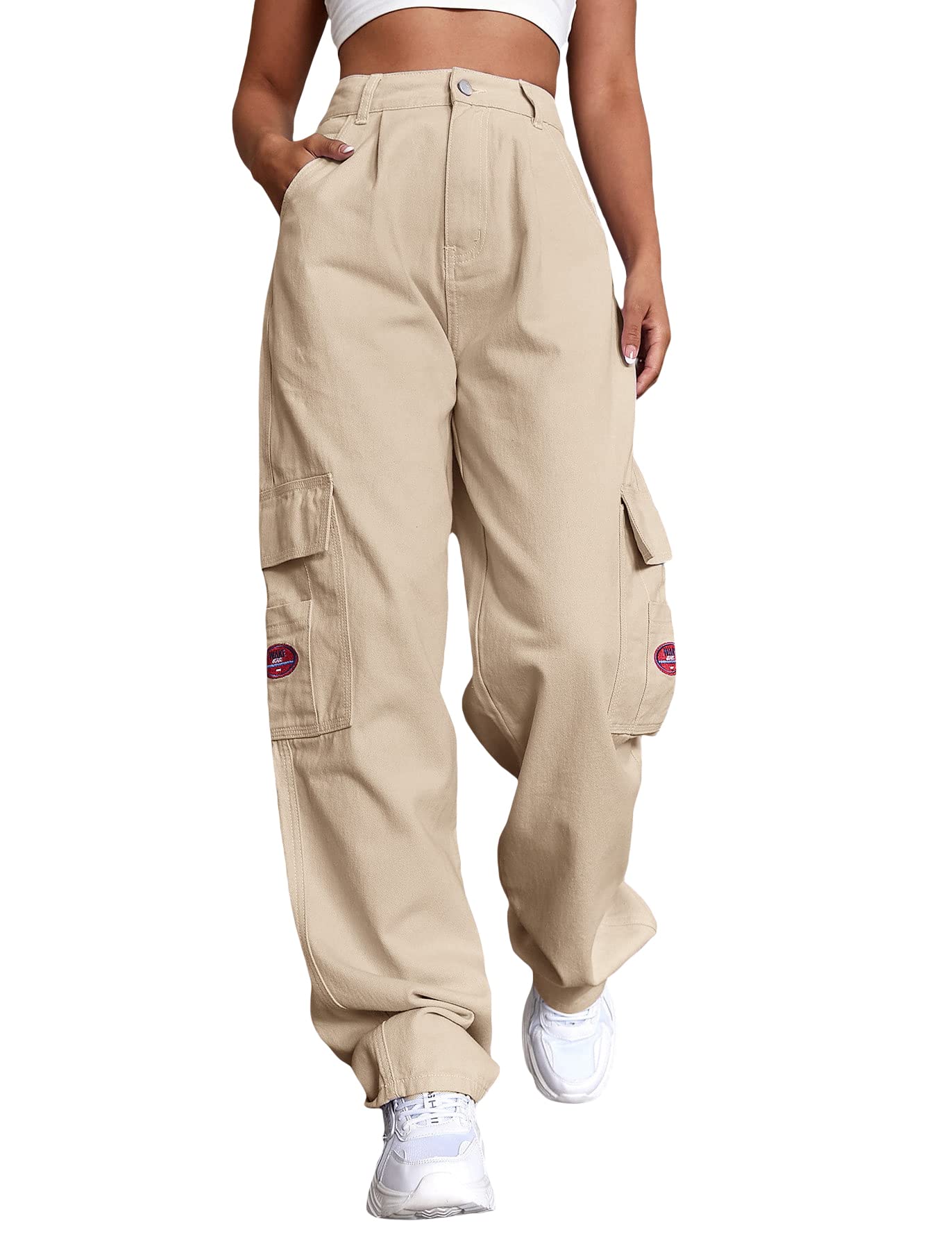 WDIRARA Women's High Waist Wide Leg Denim Cargo Pants - Graphic Print Stretch Jeans with Multiple Pockets | Casual Streetwear, Workwear & Travel Outfit