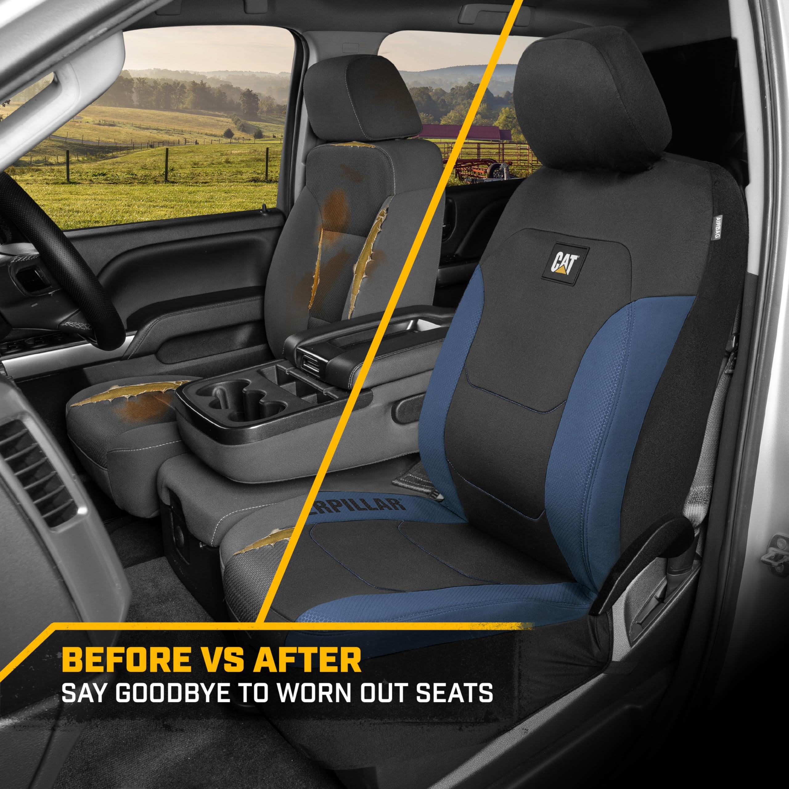 Premium Cat Flexfit Black & Blue Car Seat Covers - 2-Piece Front Seat Protectors for Cars, Trucks & SUVs | Airbag Compatible, Universal Fit | Perfect for Road Trips, Commuting & Pet Protection