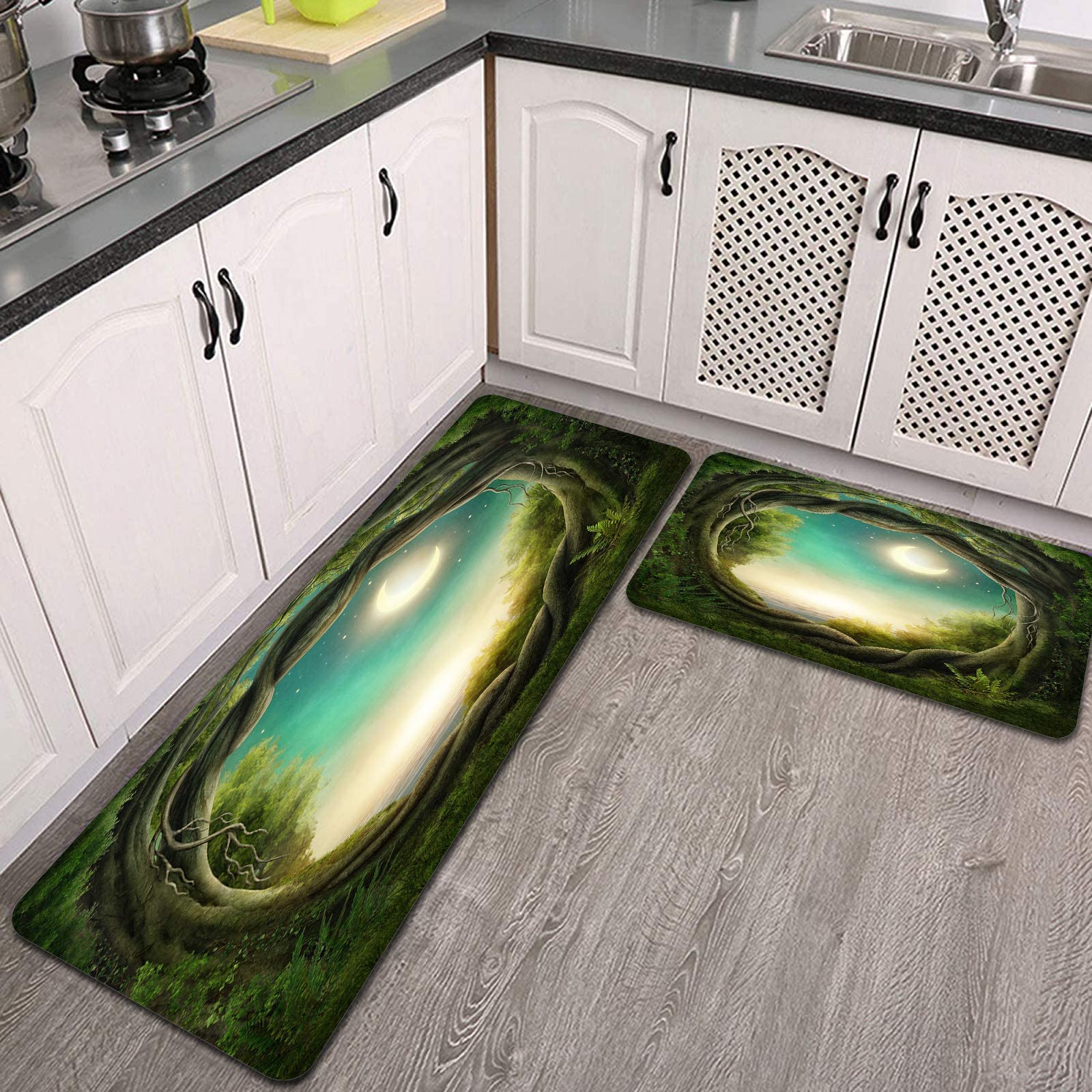 Charming Dark Forest Under The Moonlight 2-Piece Non-Slip Kitchen Rug Set - Super Absorbent Soft Floor Mats for Kitchen, Entryway & Bathroom - Perfect for Home Decor and Safety