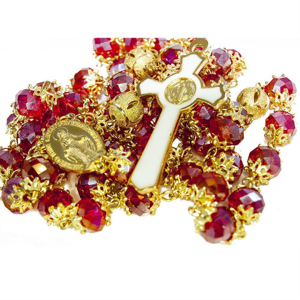 Miraculous Medal Rosary Necklace - Red Crystal Beads & Gold Plated Chain for Prayer, Devotion & Catholic Gifts