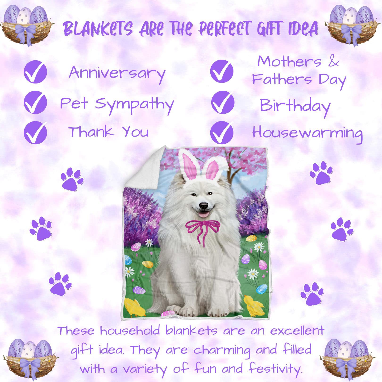 Samoyed Dog Blanket - Lightweight Soft Cozy Sherpa Throw for Easter Holiday - 50x60 Durable Pet Blanket for Sofa, Couch & Bed - Perfect for Gifts, Home Decor & Winter Snuggling