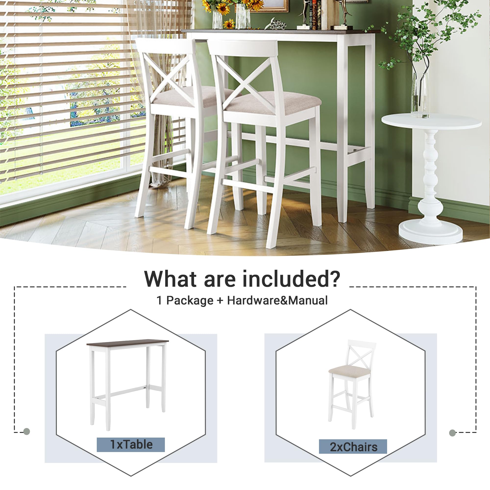 Rustic Farmhouse 3-Piece Counter Height Dining Set - 48