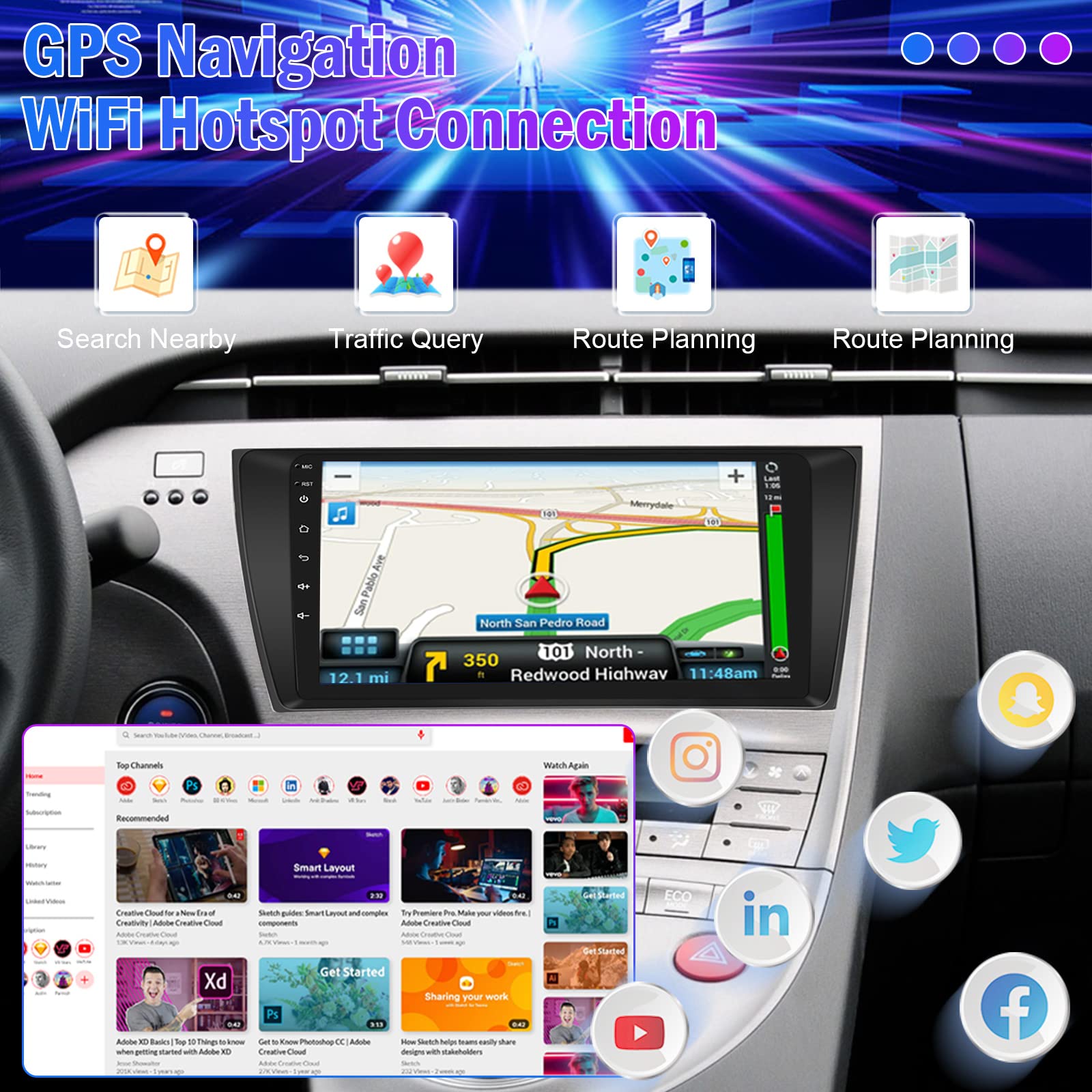 Roinvou 9 Inch Android 13 Car Stereo for Toyota Prius 2010-2015 - 2GB RAM 64GB ROM, Wireless Apple CarPlay & Android Auto, IPS Touchscreen, Bluetooth, GPS, WiFi, Mirror Link, HiFi Audio, Backup Camera | Perfect for Commuting, Road Trips & Hands-Free Navigation