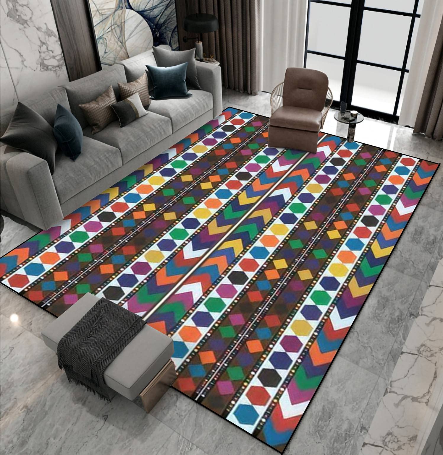 Non-Slip Area Rug with Traditional Ajrak Shawl Design - Indoor/Outdoor Floor Mat for Living Room, Bedroom, Kids Room, Yoga, Patio & Home Decor - Durable Carpet Runner & Doormat