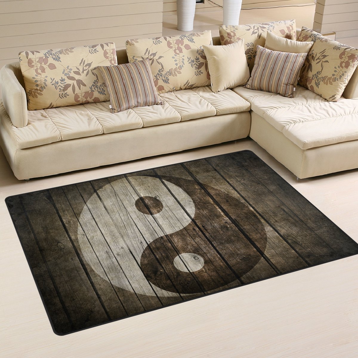 5'x3' Non-Slip Area Rug with Tai Chi Bagua Yin Yang Design - Wooden Floor Doormat for Living Room, Dining Room, Bedroom & Dorm Decor | Perfect for Meditation Spaces, Yoga Studios & Feng Shui Home Design