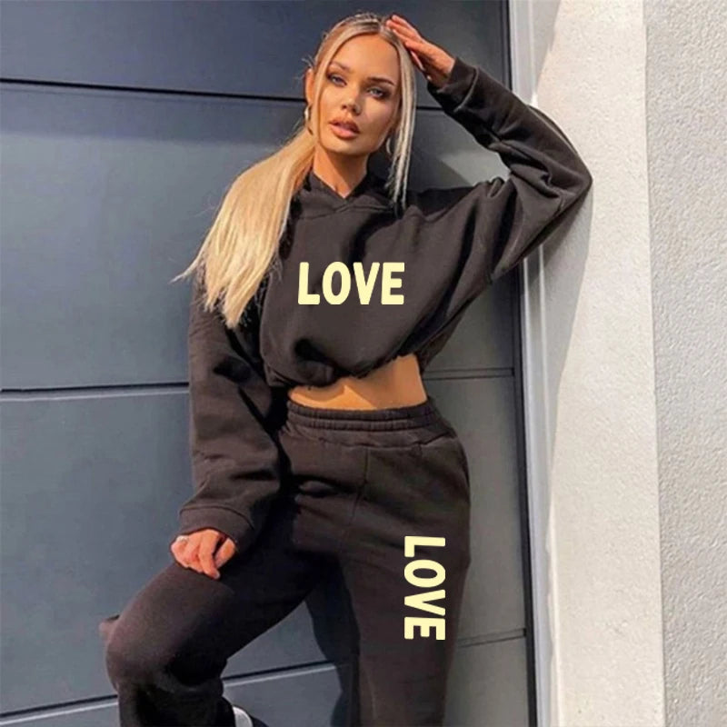 Women's 2-Piece Tracksuit Set - LOVE Letter Print Hoodie & Jogger Pants, Casual Winter Sportswear, 8 Color Options for Gym, Running & Lounge Wear