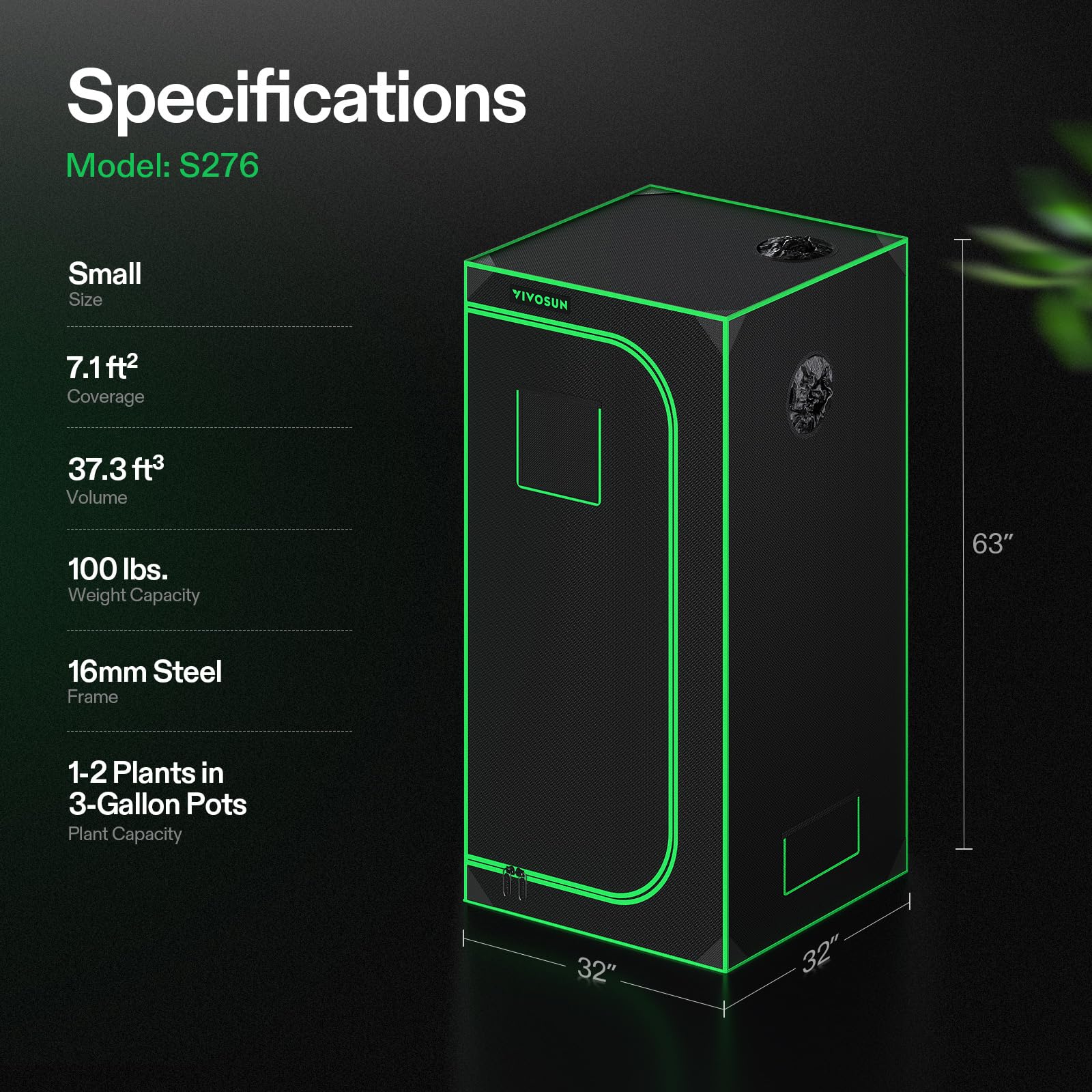 VIVOSUN S276 32x32x63 Inch Hydroponic Grow Tent with High Reflective Mylar, Observation Window & Floor Tray - Perfect for Indoor Plant Cultivation with VS1500 LED Grow Light | Ideal for Home Gardening, Seed Starting & Hydroponic Systems
