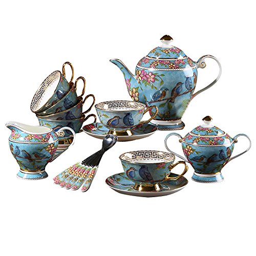 Premium 21-Piece Bone China Tea & Coffee Set - 6 Cups with Saucers & Spoons, 1000ml Coffee Pot, Milk Jug, Sugar Bowl in Elegant Blue Bird Design - Perfect for Afternoon Tea, Bridal Shower & Housewarming Gifts