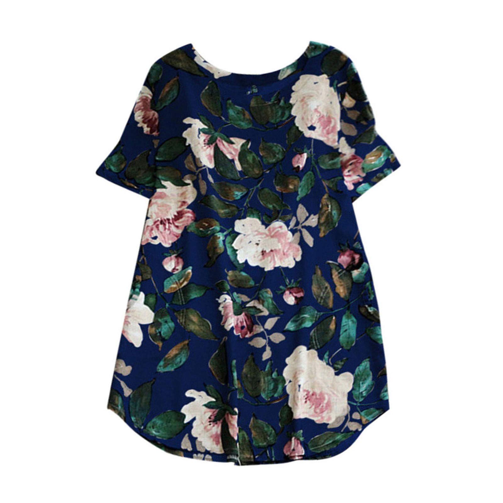 Floral Print Cotton-Blend Short Sleeve Fitted Women's Blouse - Comfortable Leaf Pattern T-Shirt for Women (Blue, XXL) | Casual Wear, Summer Outfits & Office Attire