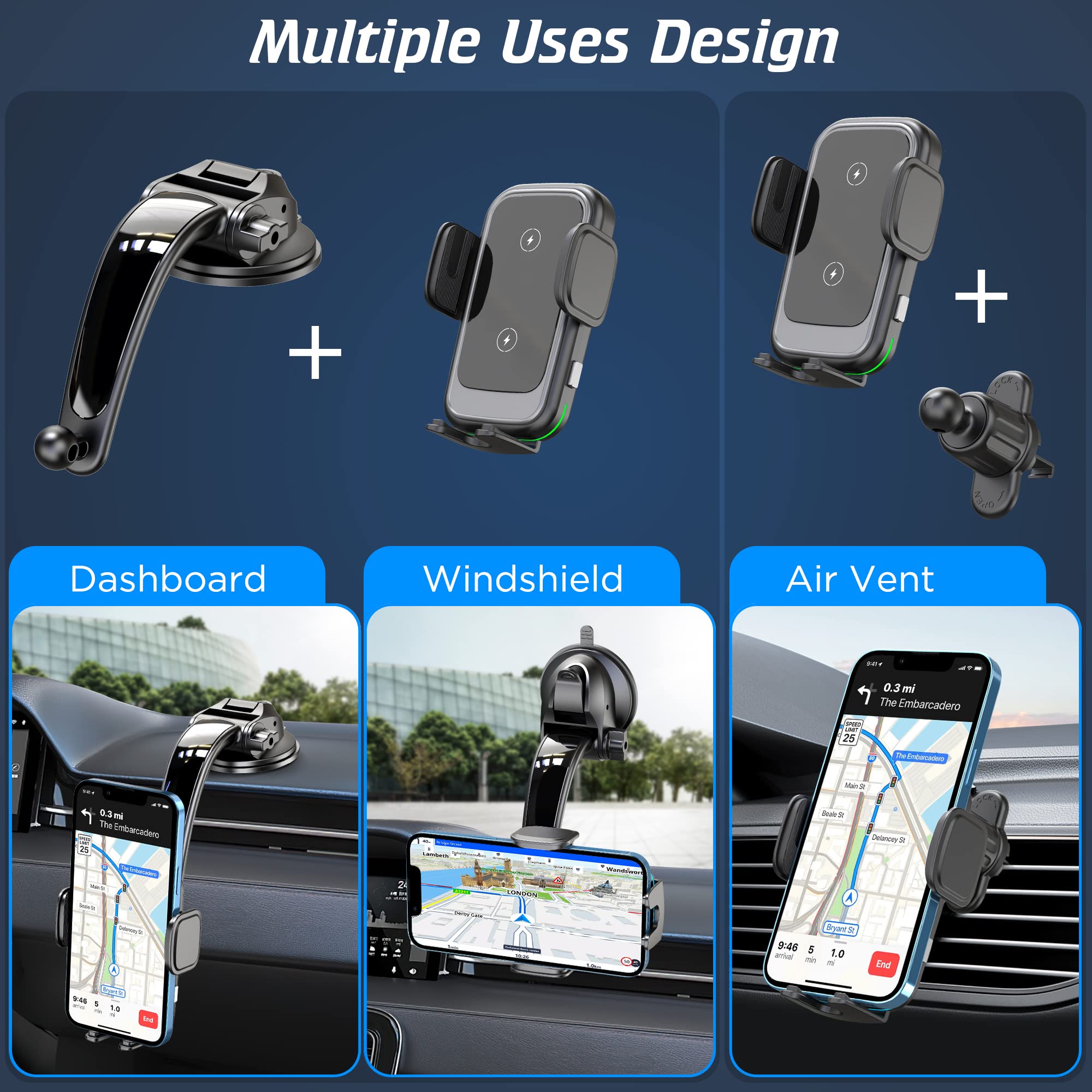 Tenpoform 15W Qi Fast Wireless Car Charger - Auto Clamping Phone Mount for iPhone, Samsung, Google, LG | Air Vent & Dashboard Holder with Fast Charging | Perfect for Commuting, Road Trips & Hands-Free Driving