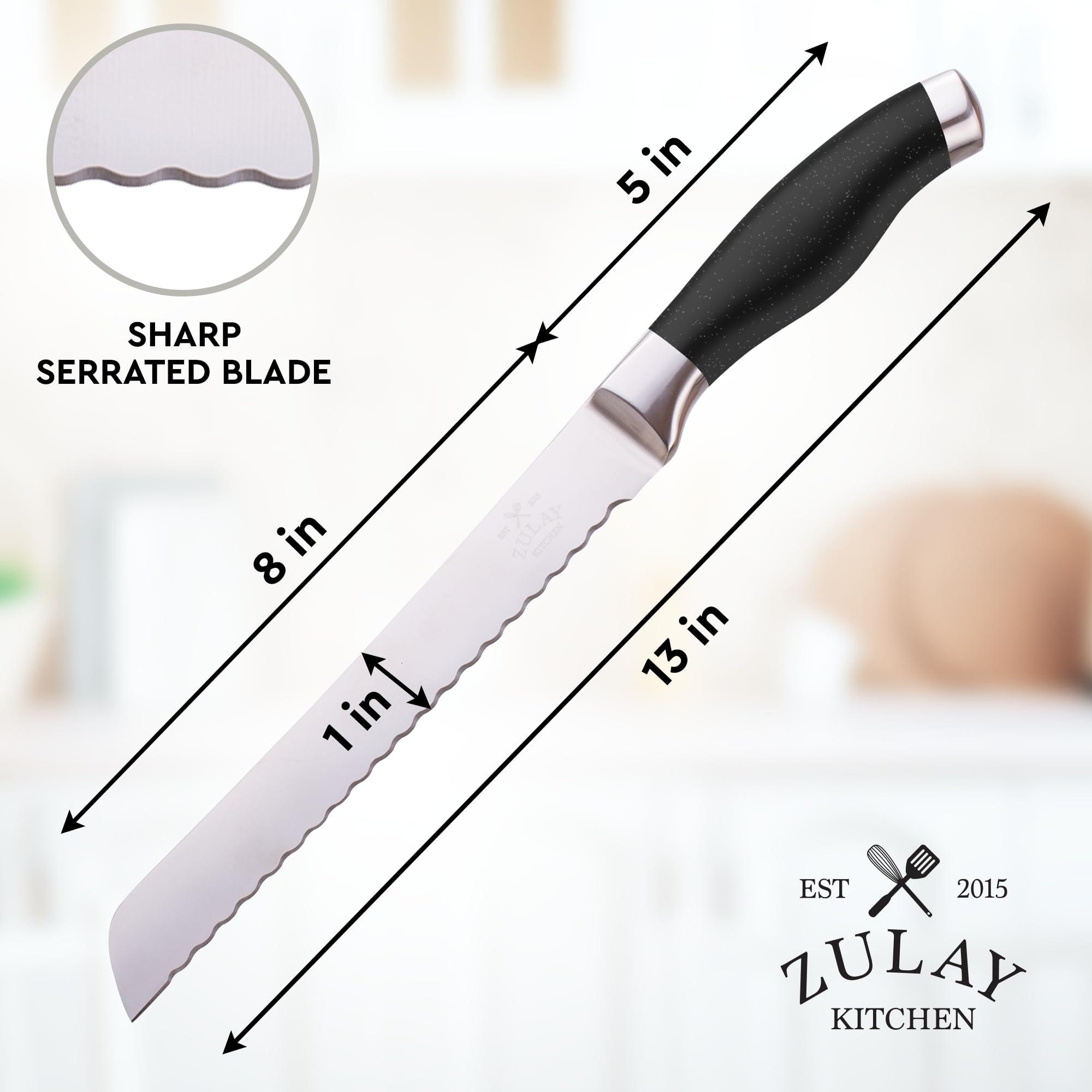 Zulay Premium 8-Inch Serrated Bread Knife - Stainless Steel Blade for Slicing Homemade Bread, Cake, Bagel - Ergonomic 5-Inch Handle with Safety Tip Guard - Perfect for Bakeries, Kitchens & Gift Giving