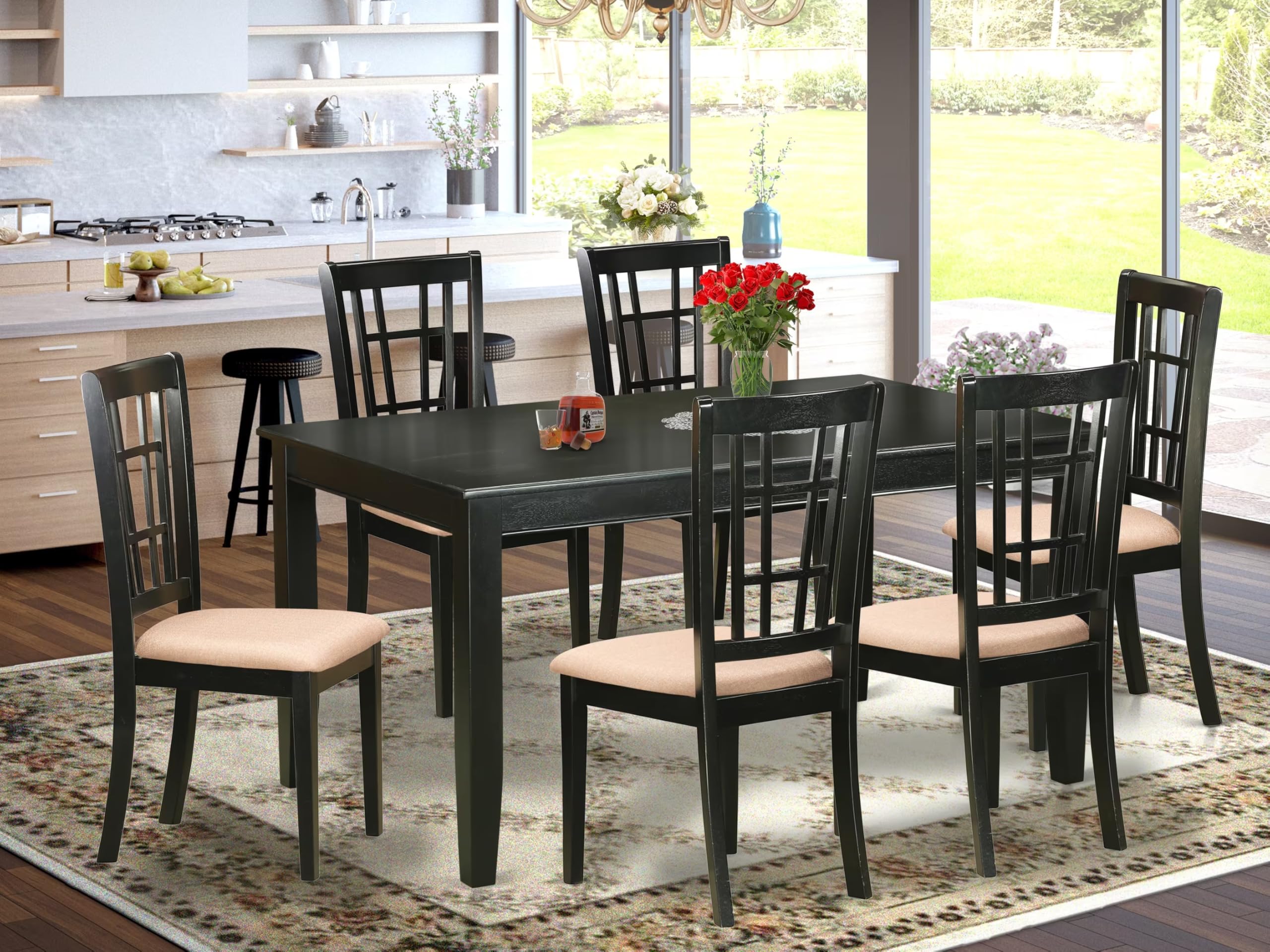 East West Furniture 7-Piece Dining Set - 36x60 Inch Rectangle Table & 6 Upholstered Chairs, Black | Modern Kitchen Table & Chairs for Family Meals, Dinner Parties & Small Spaces