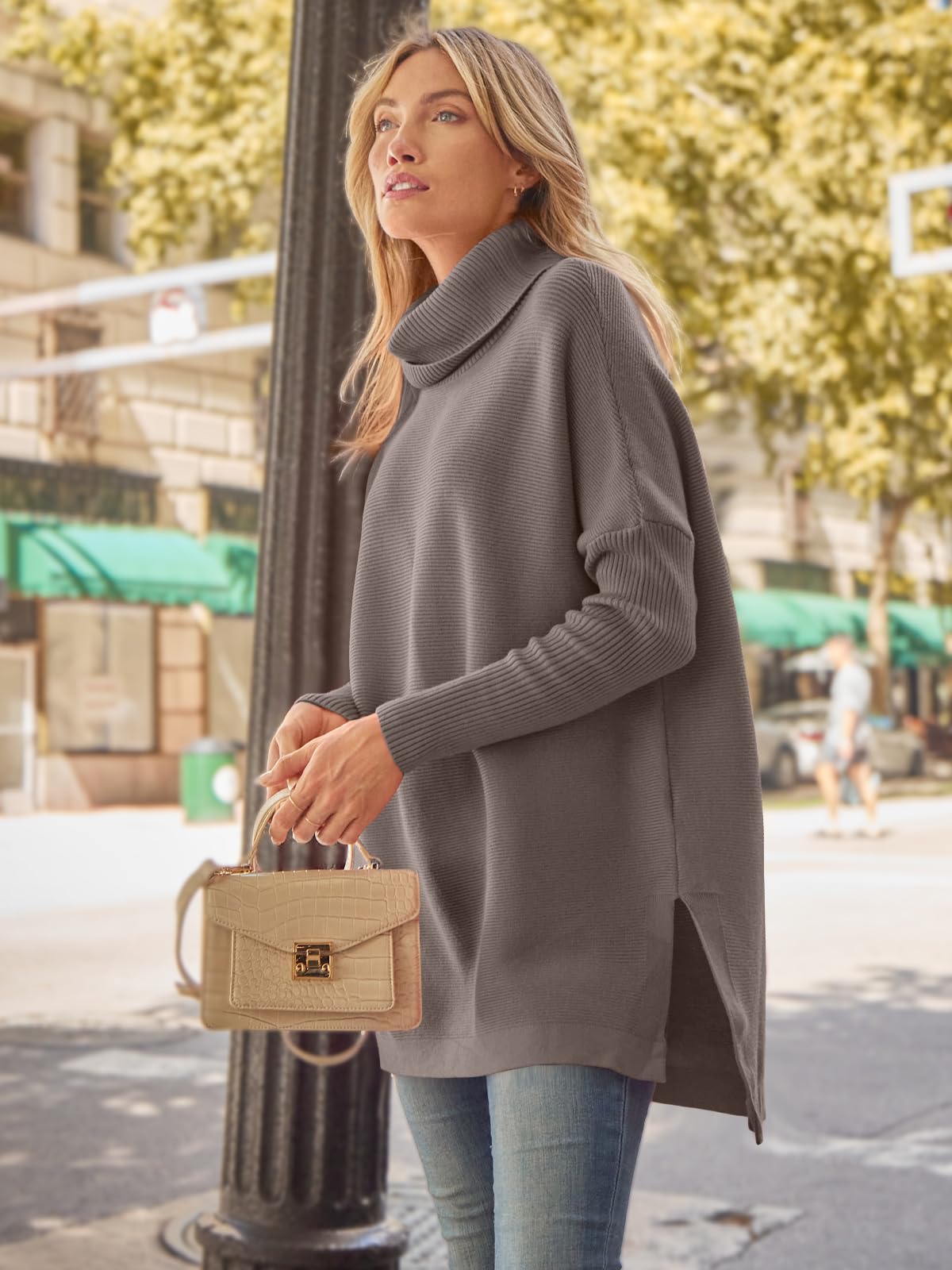 LILLUSORY Women's Oversized Turtleneck Sweater - Long Batwing Sleeve Split Hem Knit Pullover Top for Casual Wear & Winter Fashion