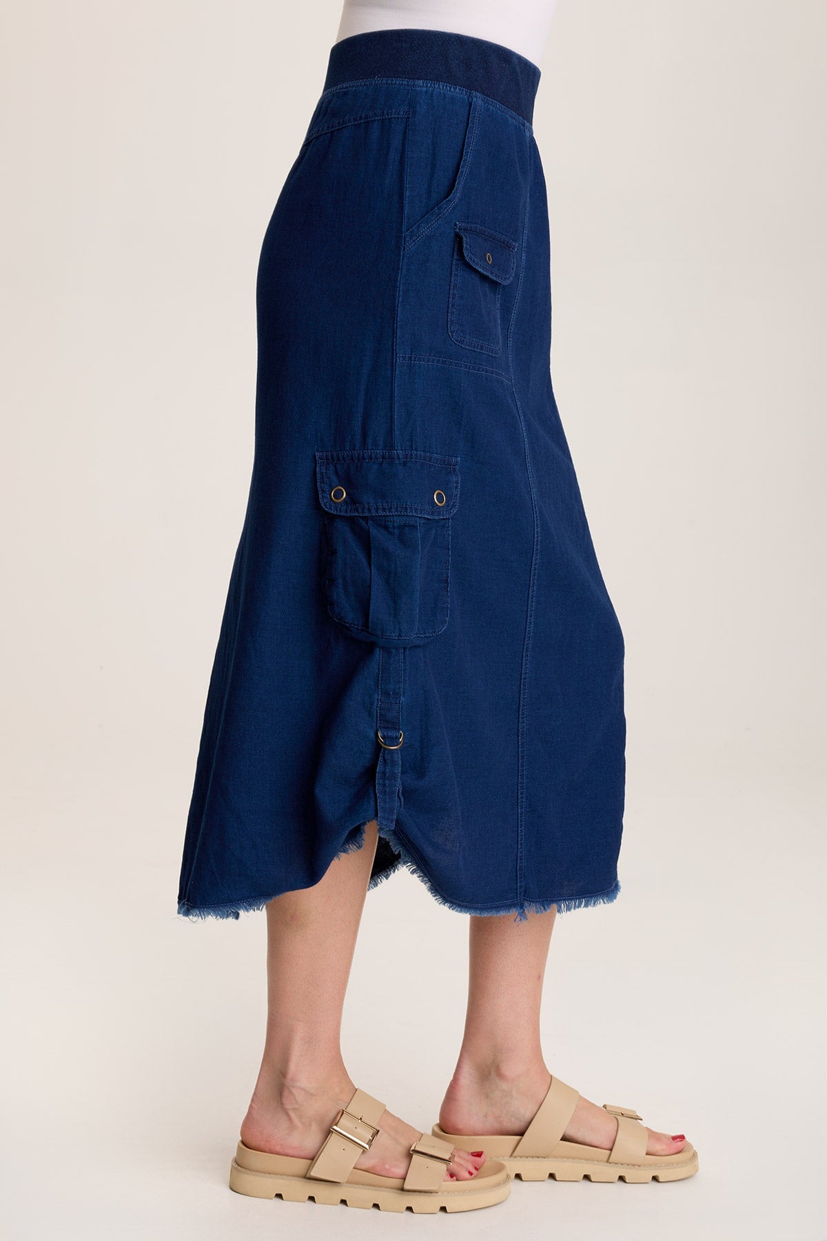 Chesney Mock Denim Cargo Midi Skirt - Women's Stretch Denim A-Line Skirt with Pockets | Casual & Streetwear Style for Everyday Wear, Outfits, and Fashion Trends