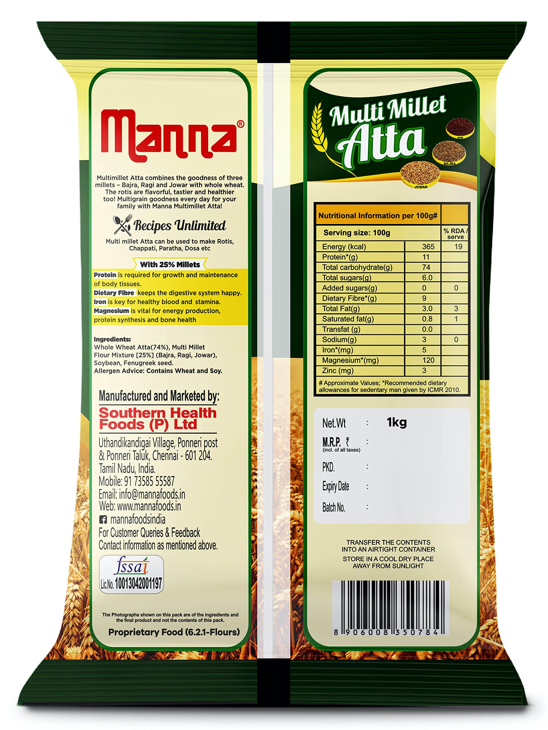 Organic Manna Multigrain Atta with Siridhanya Flour - 4kg Low GI Wheat Flour Blend | 25% Millet, High Protein & Fiber | Diabetic & Weight Loss Friendly | Perfect for Roti, Chapati & Healthy Baking
