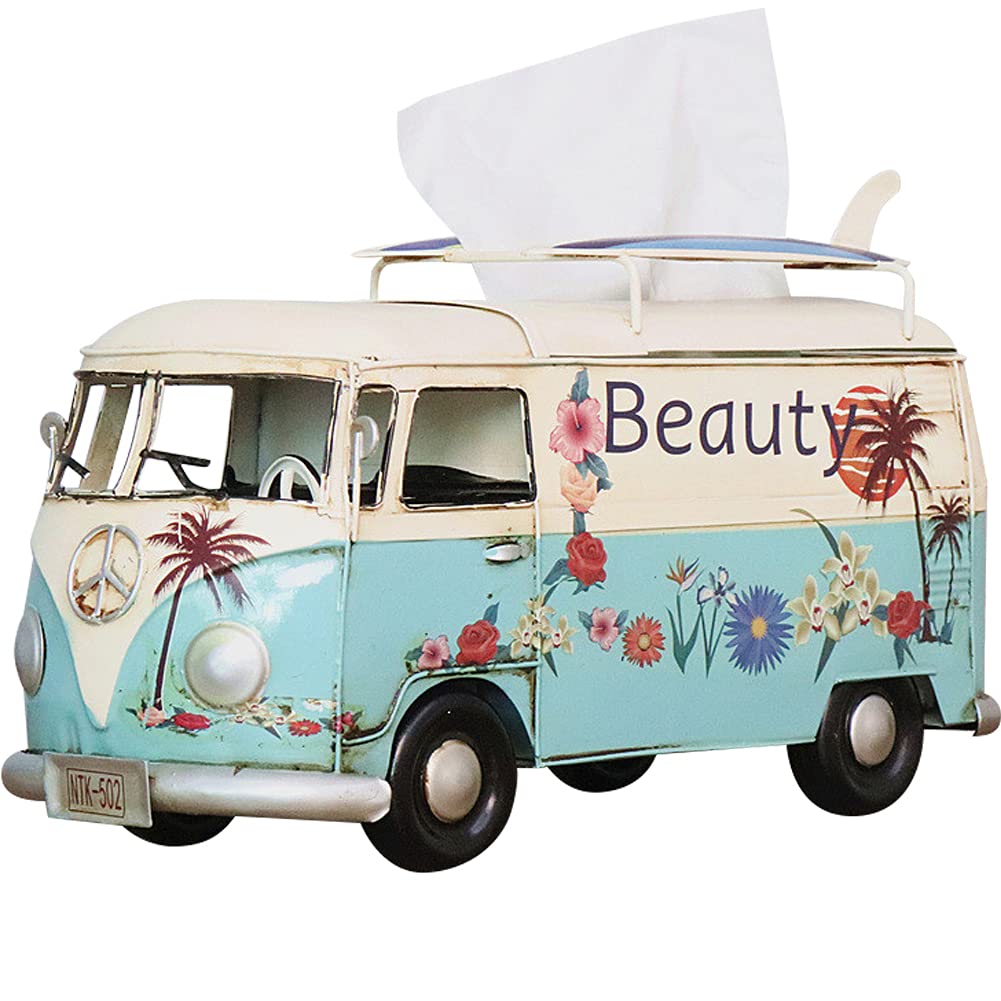 Kelendle Bus-Shaped Metal Tissue Box Cover - Stylish Napkin Holder & Toilet Paper Organizer for Bathroom Vanity, Bedroom Dresser, Nightstand, Desk & Table Decor (Blue, Style A) - Perfect for Home, Office & Gift Giving