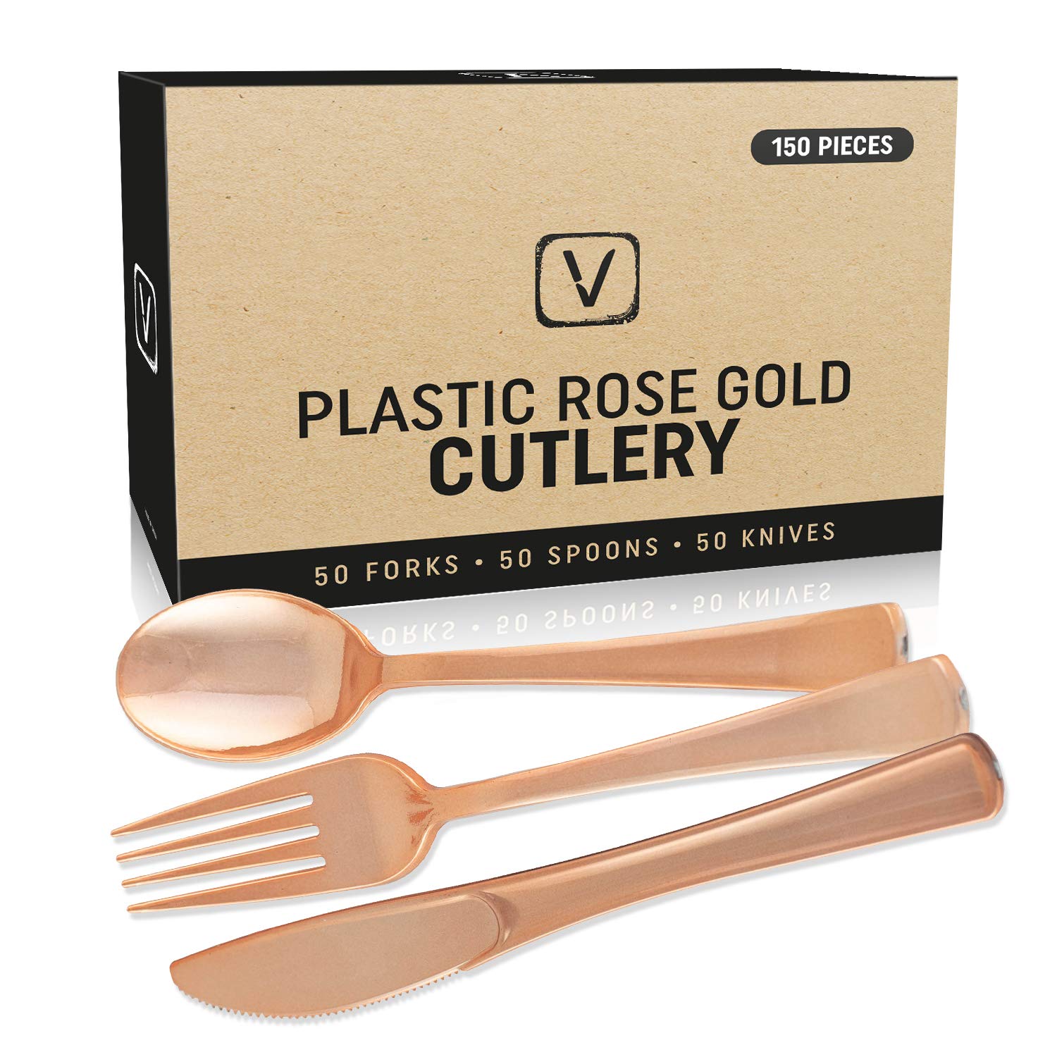 150-Piece Elegant Rose Gold Silverware Set - Disposable Plastic Forks, Knives & Spoons for Weddings, Parties & Formal Events - No Cleanup Needed - Perfect for Bridal Showers, Anniversary Dinners & Upscale Catering Events