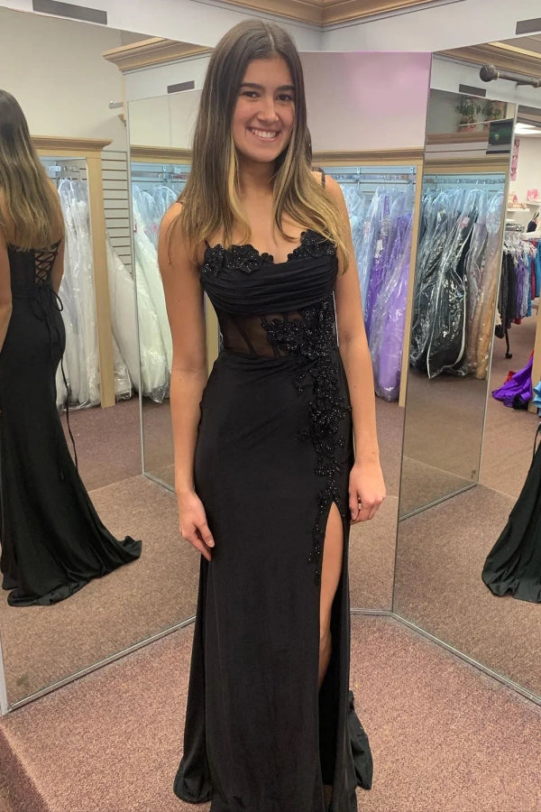Black Spaghetti Strap Corset Prom Dress with High Slit - Elegant Appliques & Flattering Fit | Perfect for Homecoming, Pageants & Formal Events