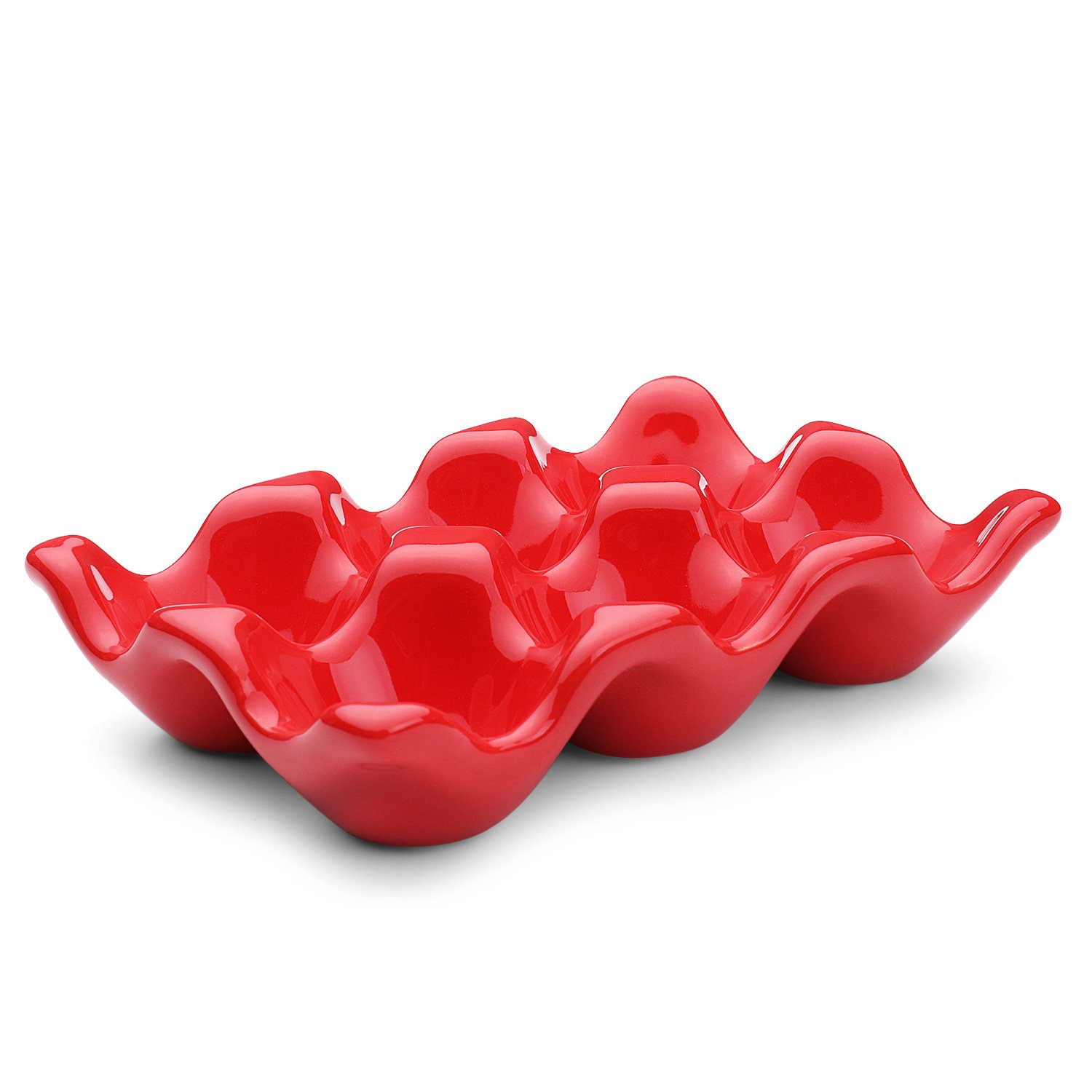 Flexzion Ceramic Egg Holder for Refrigerator - 6 Cup Egg Tray, Half Dozen Porcelain Egg Container, Kitchen Storage Organizer & Decorative Serving Dish for Countertop or Fridge Display (Red) - Perfect for Farm Fresh Eggs, Breakfast Buffets & Kitchen Decor