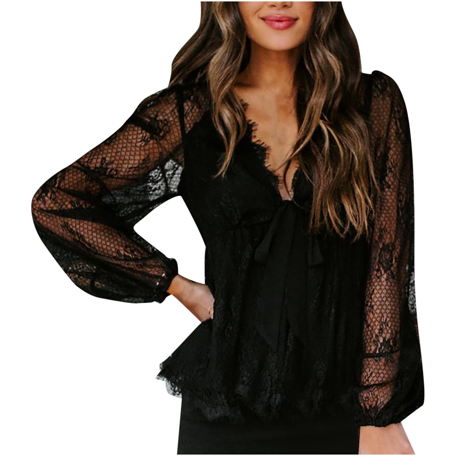 Sexy V Neck Lace Patchwork Long Sleeve Tops for Women - Breathable Mesh Casual Shirts with Lace Up Design - Perfect for Date Night, Party Wear & Everyday Fashion
