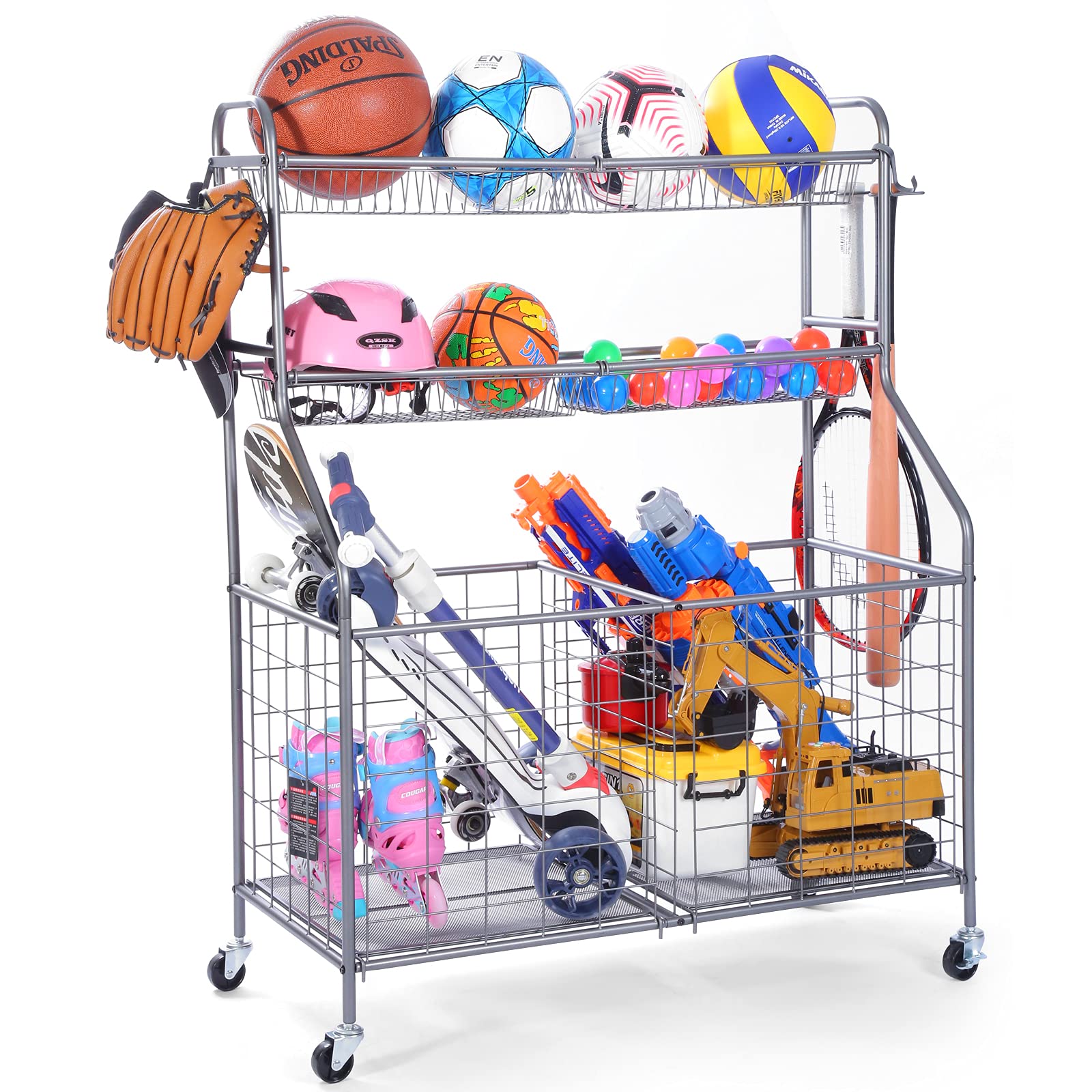 WEYIMILA Heavy Duty Steel Garage Sports Equipment Organizer - Toy Storage Rack for Nerf Guns, Balls & Outdoor Gear - Durable Gray Indoor/Outdoor Storage Solution for Garage, Basement & Playroom Organization