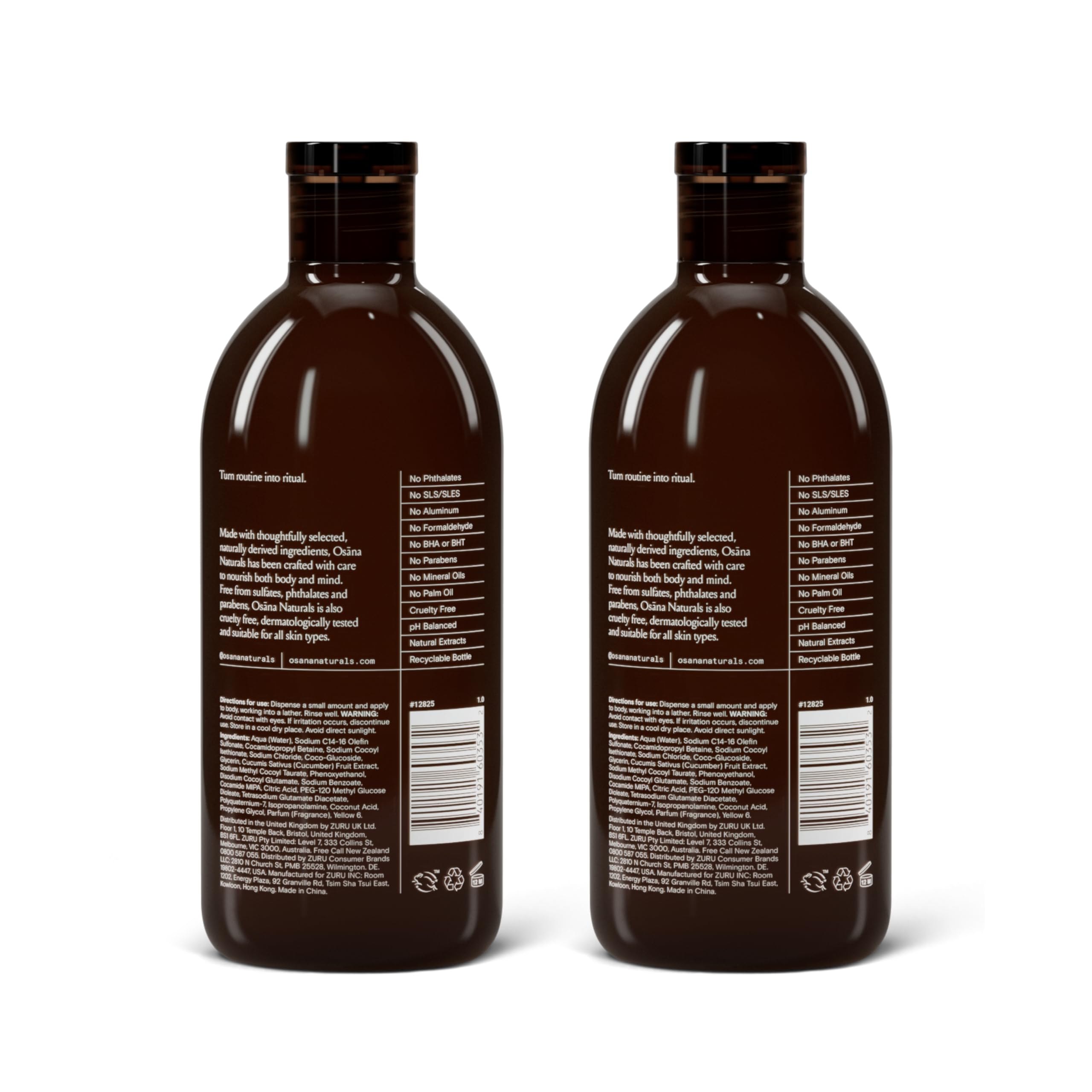 Osana Hydrating Body Wash with Fruit Extracts & Natural Ingredients - Peppermint & Cucumber Scented 15oz Dual Pack for Dry Skin Care, Shower Refreshment & Daily Skincare Routine | Perfect for Gym, Spa & Home Use