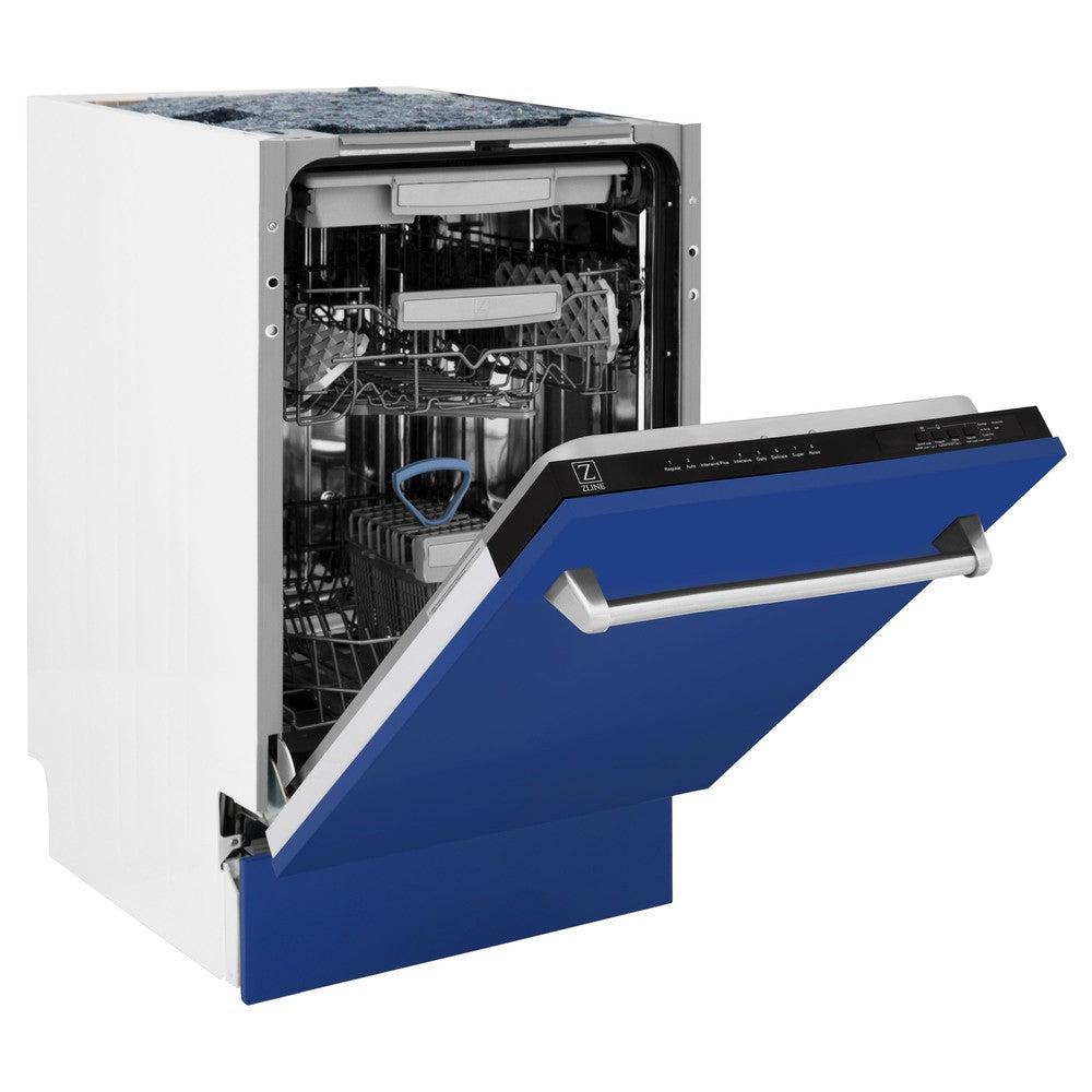 ZLINE 18 Inch Tallac Series 3rd Rack Top Control Dishwasher - Stainless Steel Tub with Blue Matte Panel, 51dBA (DWV BM 18) | Perfect for Modern Kitchens, Small Spaces & Energy-Efficient Homes